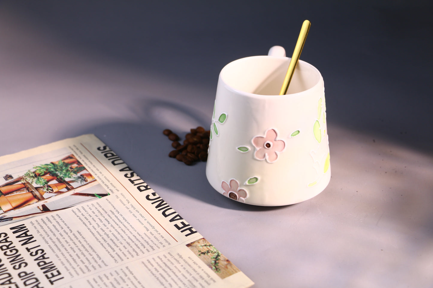 Hand-Painted Cat Ceramic Coffee Mug with Floral Art, Cute Pottery Tea Cup for Everyday Use