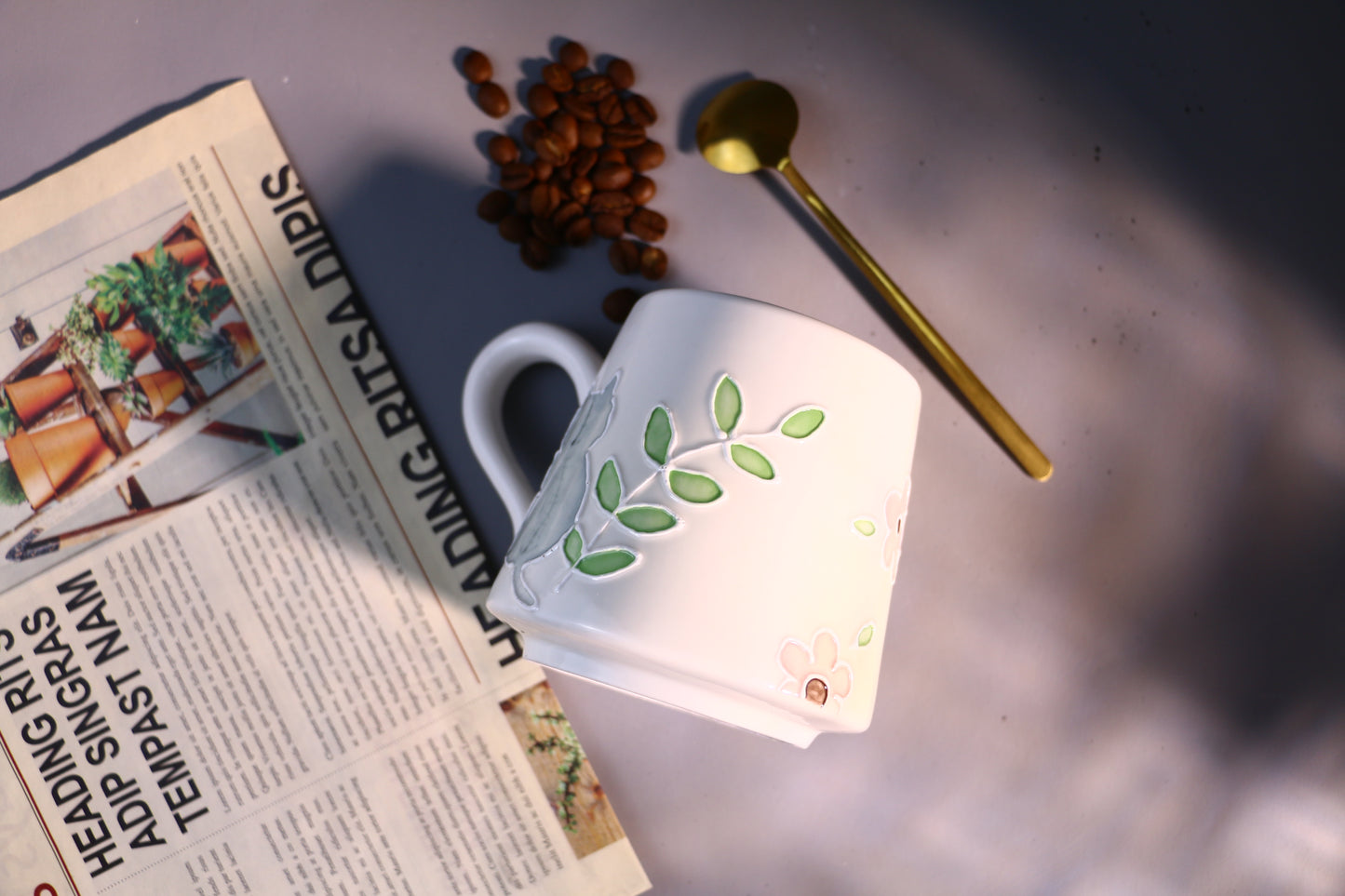 Hand-Painted Cat Ceramic Coffee Mug with Floral Art, Cute Pottery Tea Cup for Everyday Use
