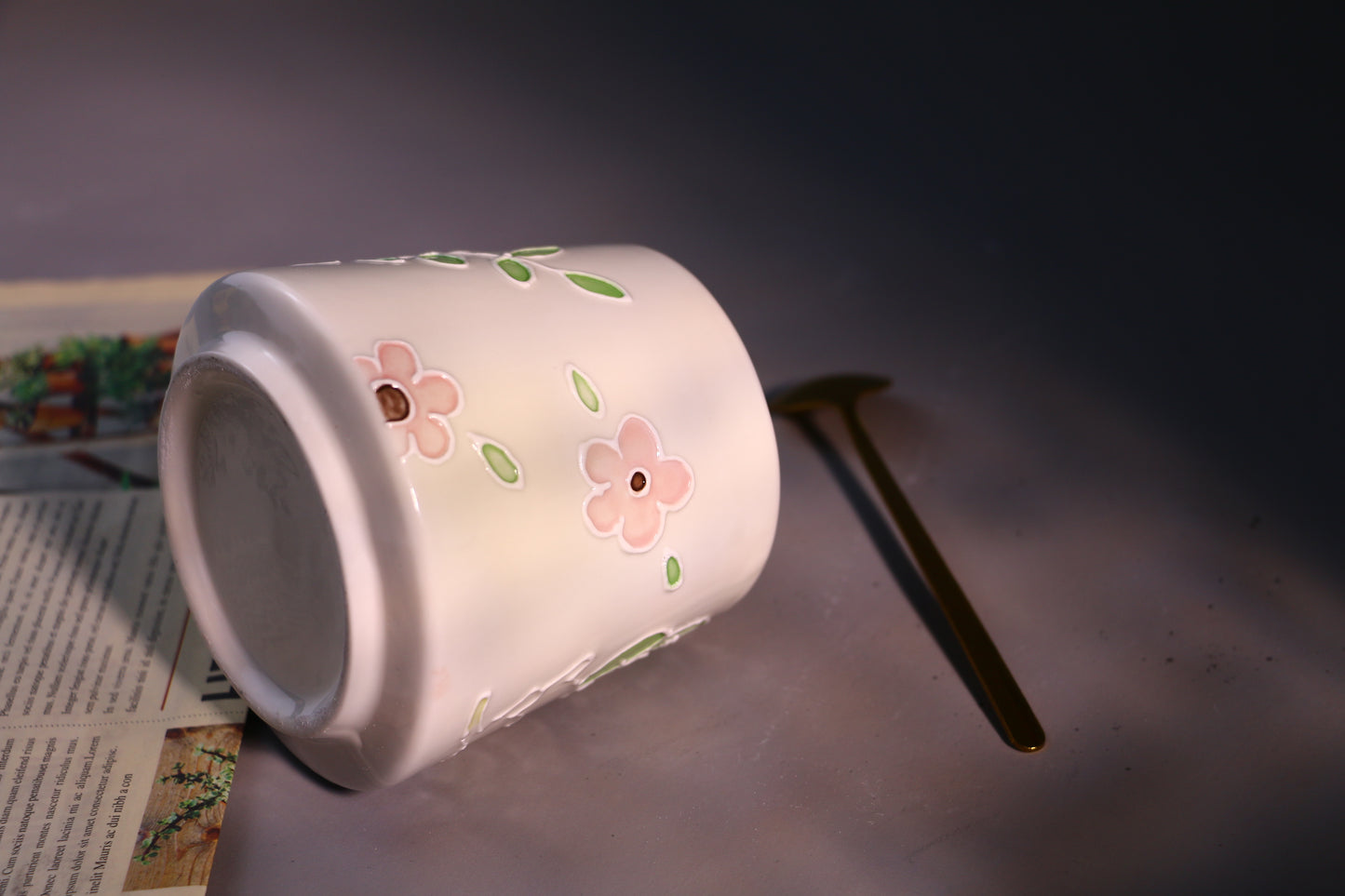 Hand-Painted Cat Ceramic Coffee Mug with Floral Art, Cute Pottery Tea Cup for Everyday Use