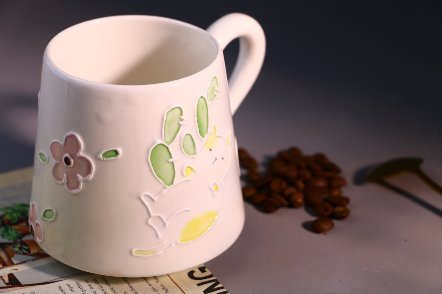 Hand-Painted Cat Ceramic Coffee Mug with Floral Art, Cute Pottery Tea Cup for Everyday Use