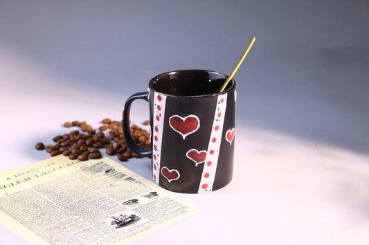 Black Ceramic Coffee Mug with Red Hearts, Handmade Pottery Cup for Coffee Lovers