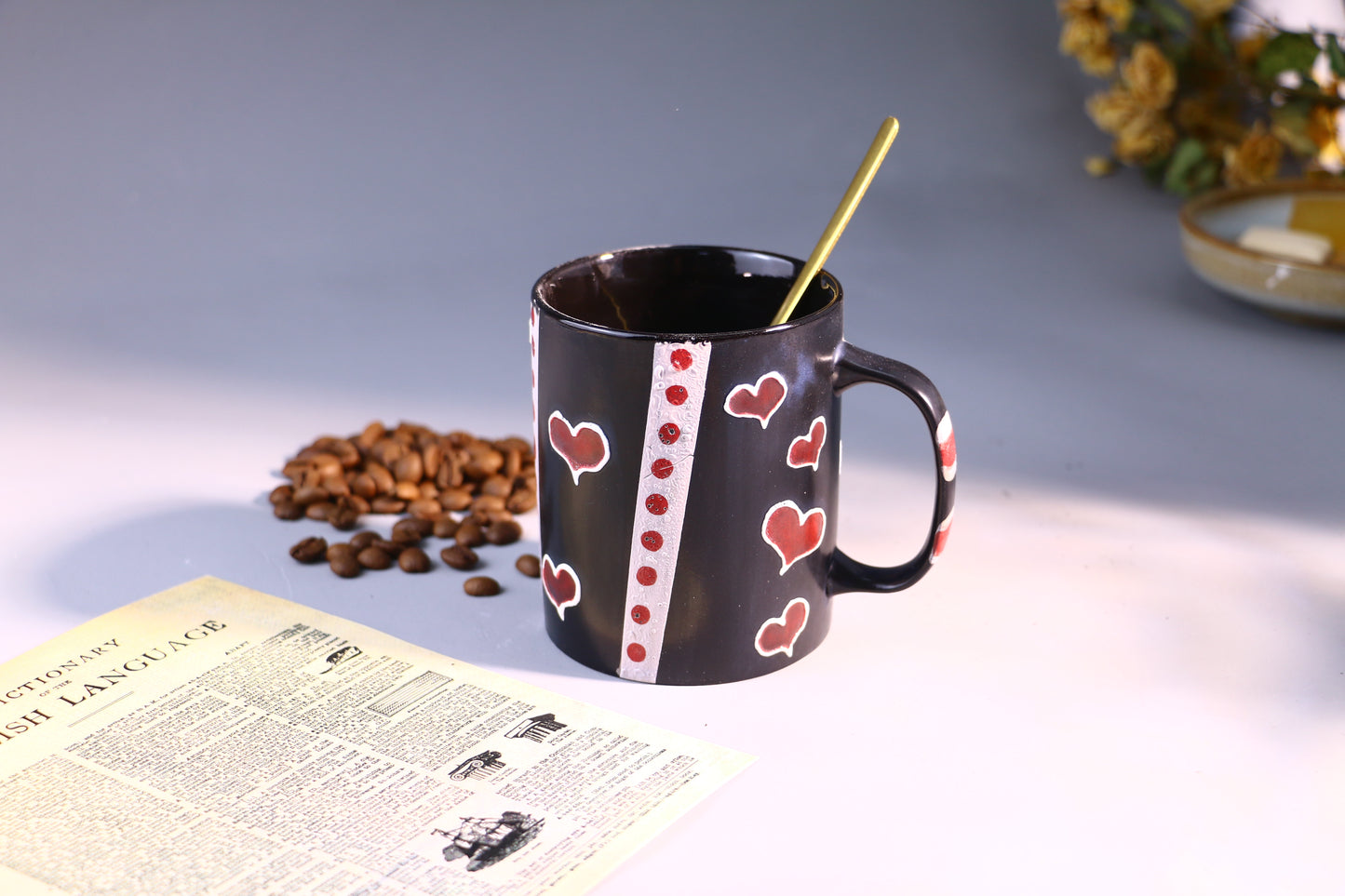 Black Ceramic Coffee Mug with Red Hearts, Handmade Pottery Cup for Coffee Lovers