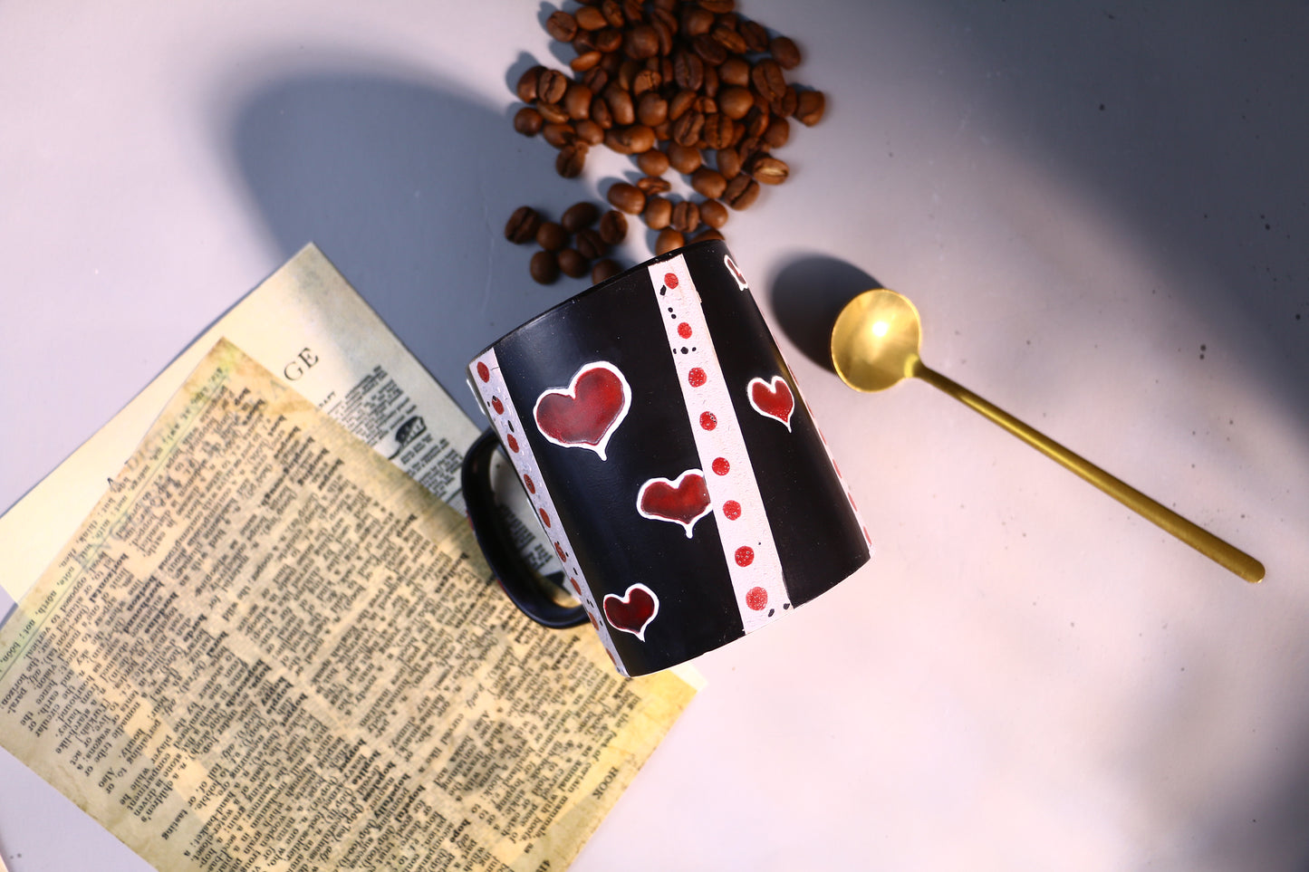 Black Ceramic Coffee Mug with Red Hearts, Handmade Pottery Cup for Coffee Lovers