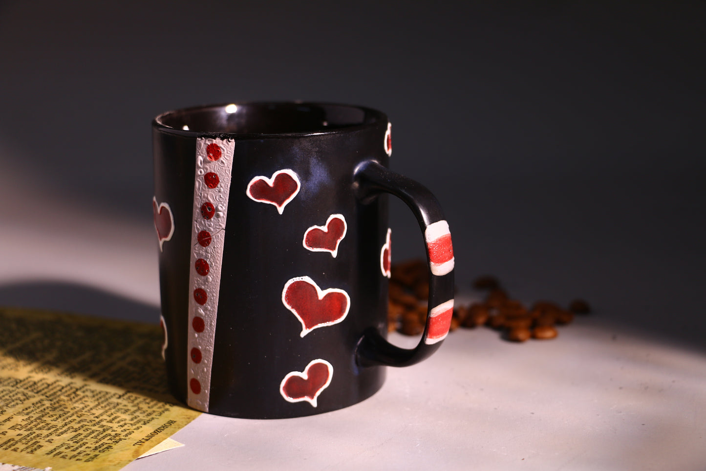 Black Ceramic Coffee Mug with Red Hearts, Handmade Pottery Cup for Coffee Lovers