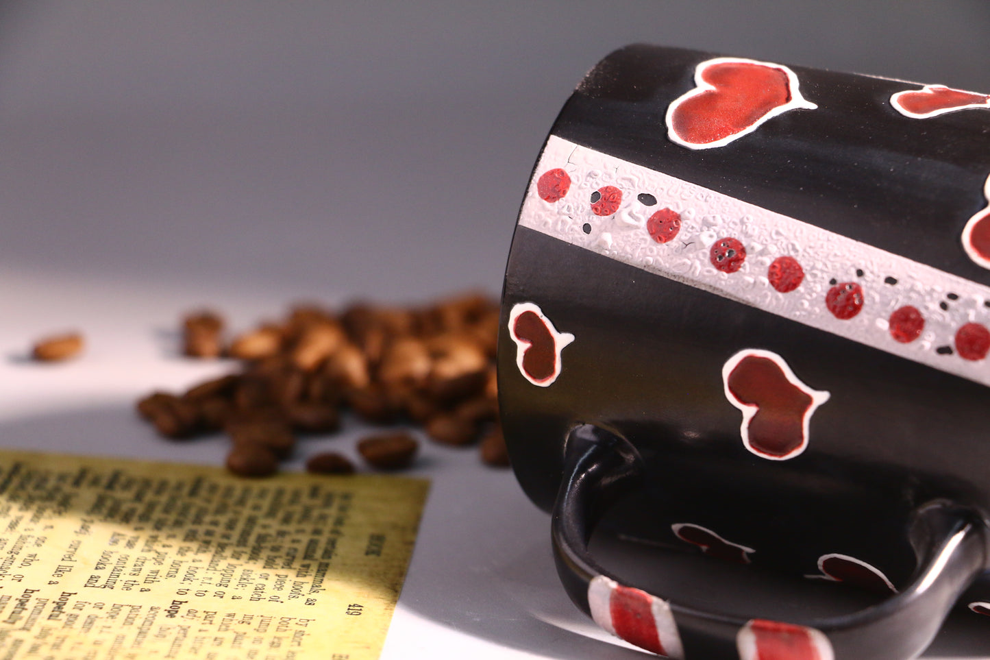 Black Ceramic Coffee Mug with Red Hearts, Handmade Pottery Cup for Coffee Lovers