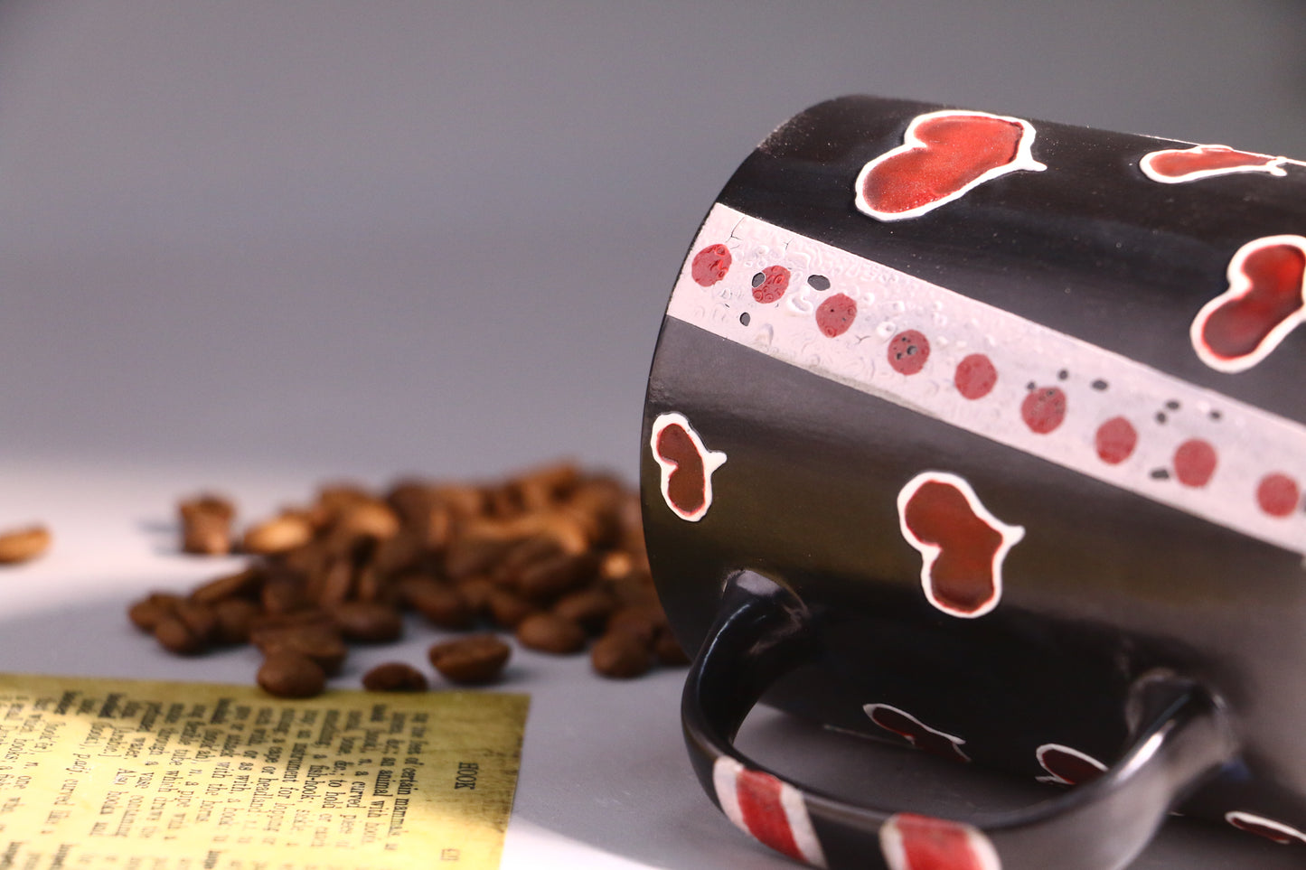 Black Ceramic Coffee Mug with Red Hearts, Handmade Pottery Cup for Coffee Lovers