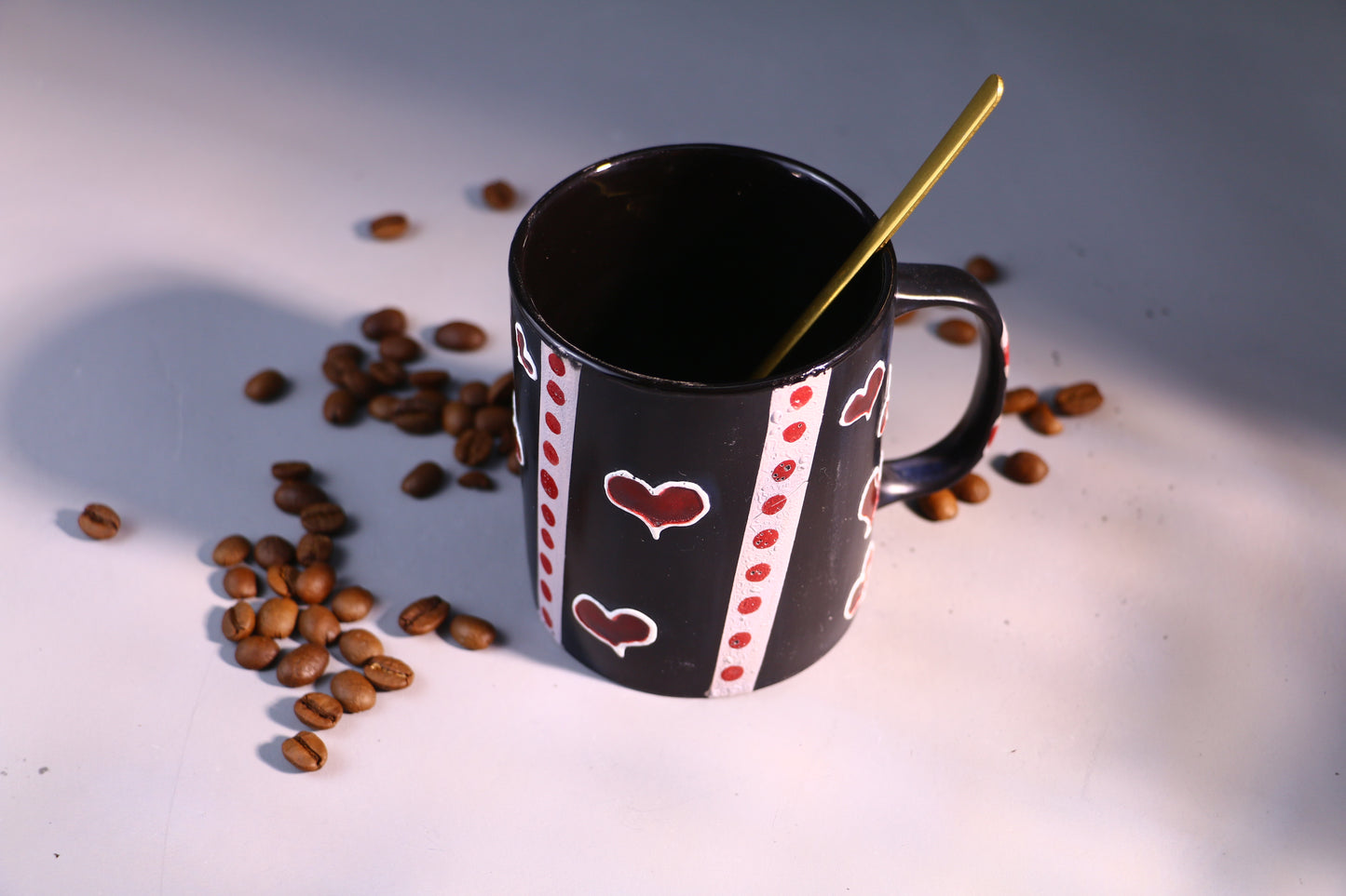 Black Ceramic Coffee Mug with Red Hearts, Handmade Pottery Cup for Coffee Lovers