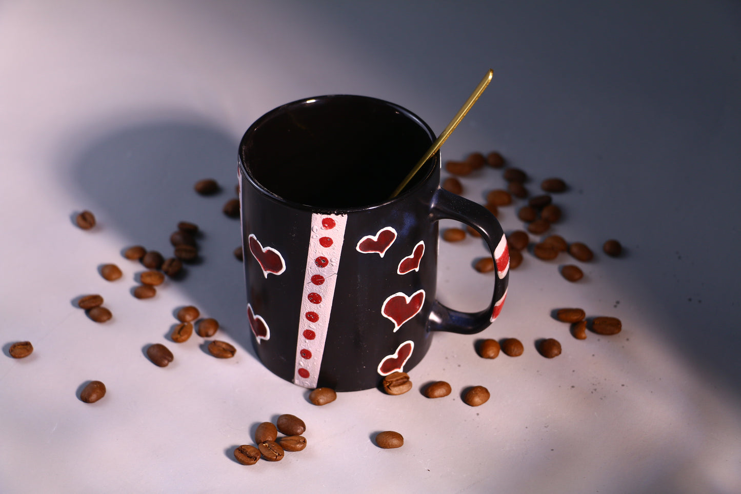 Black Ceramic Coffee Mug with Red Hearts, Handmade Pottery Cup for Coffee Lovers
