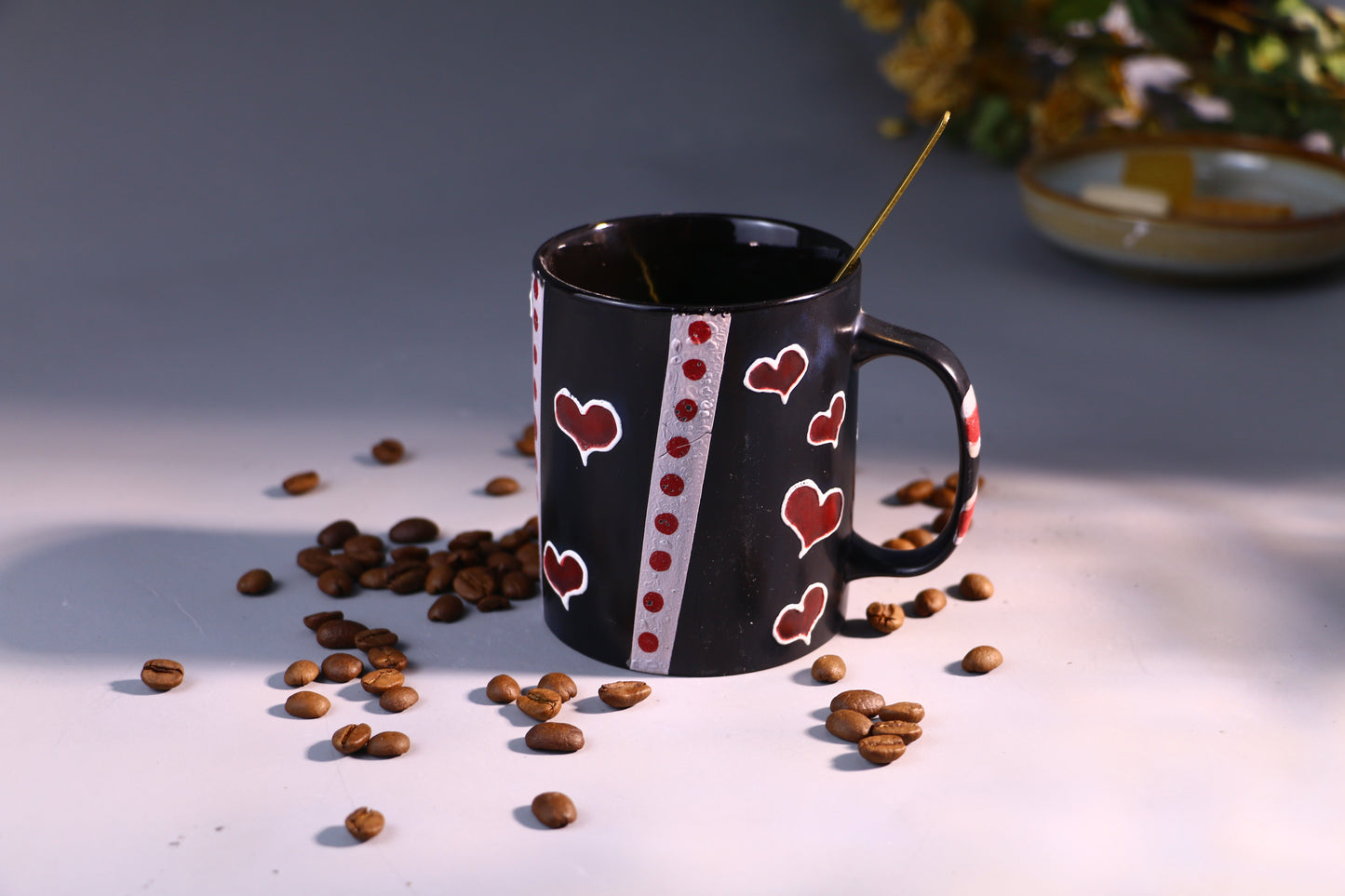 Black Ceramic Coffee Mug with Red Hearts, Handmade Pottery Cup for Coffee Lovers