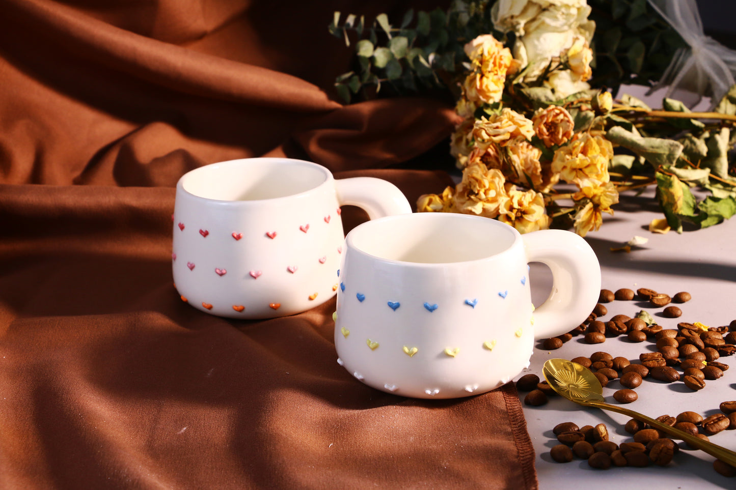 Handmade 3D Heart Mug โ Cute Ceramic Coffee Cup with Raised Heart Details