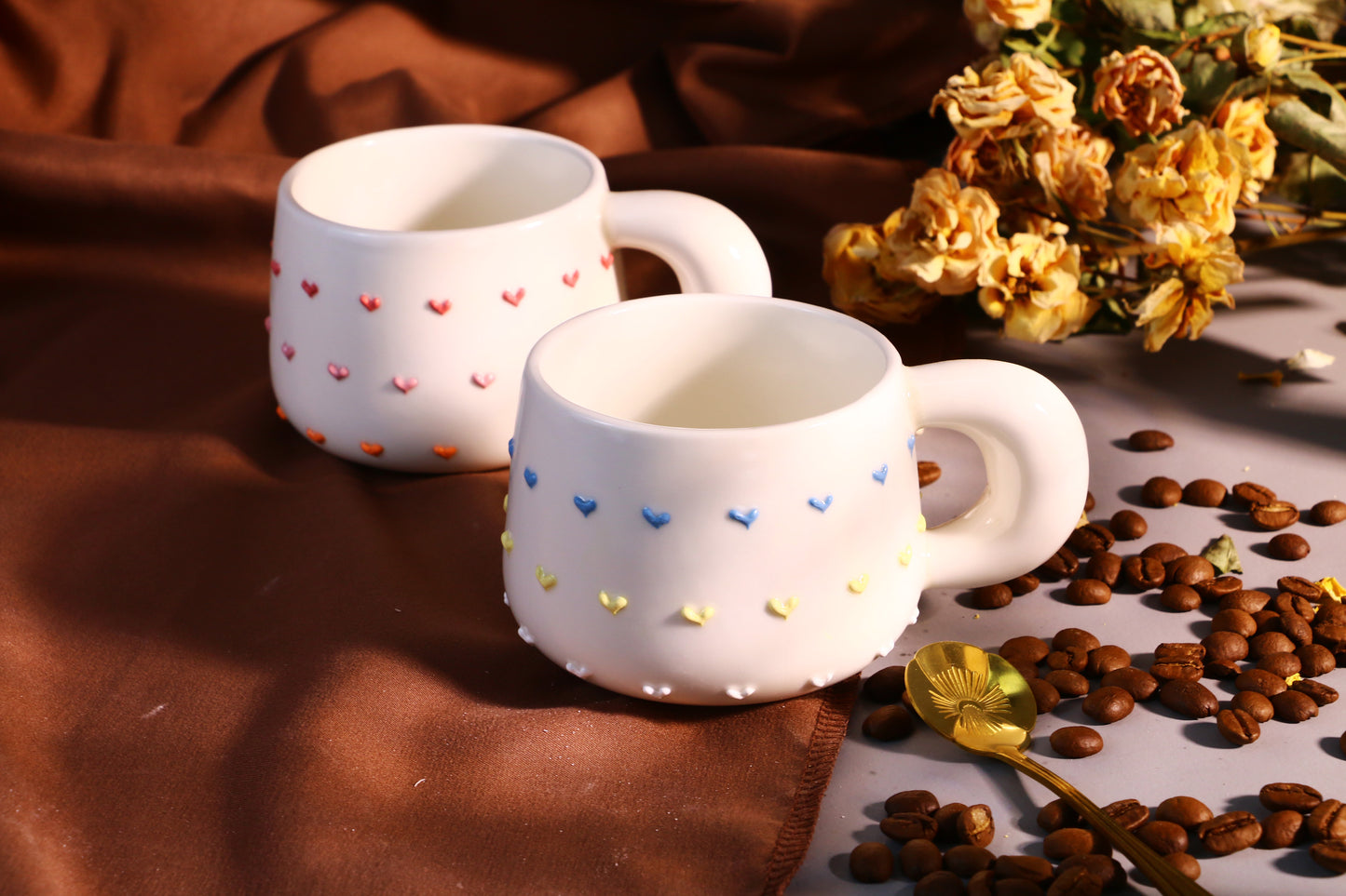 Handmade 3D Heart Mug โ Cute Ceramic Coffee Cup with Raised Heart Details