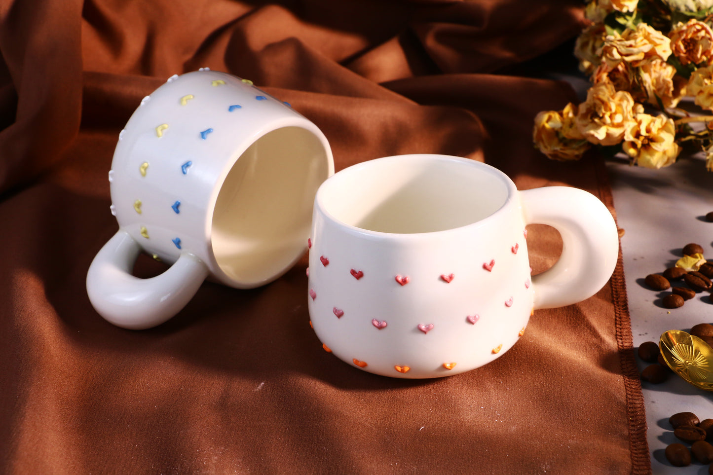 Handmade 3D Heart Mug โ Cute Ceramic Coffee Cup with Raised Heart Details