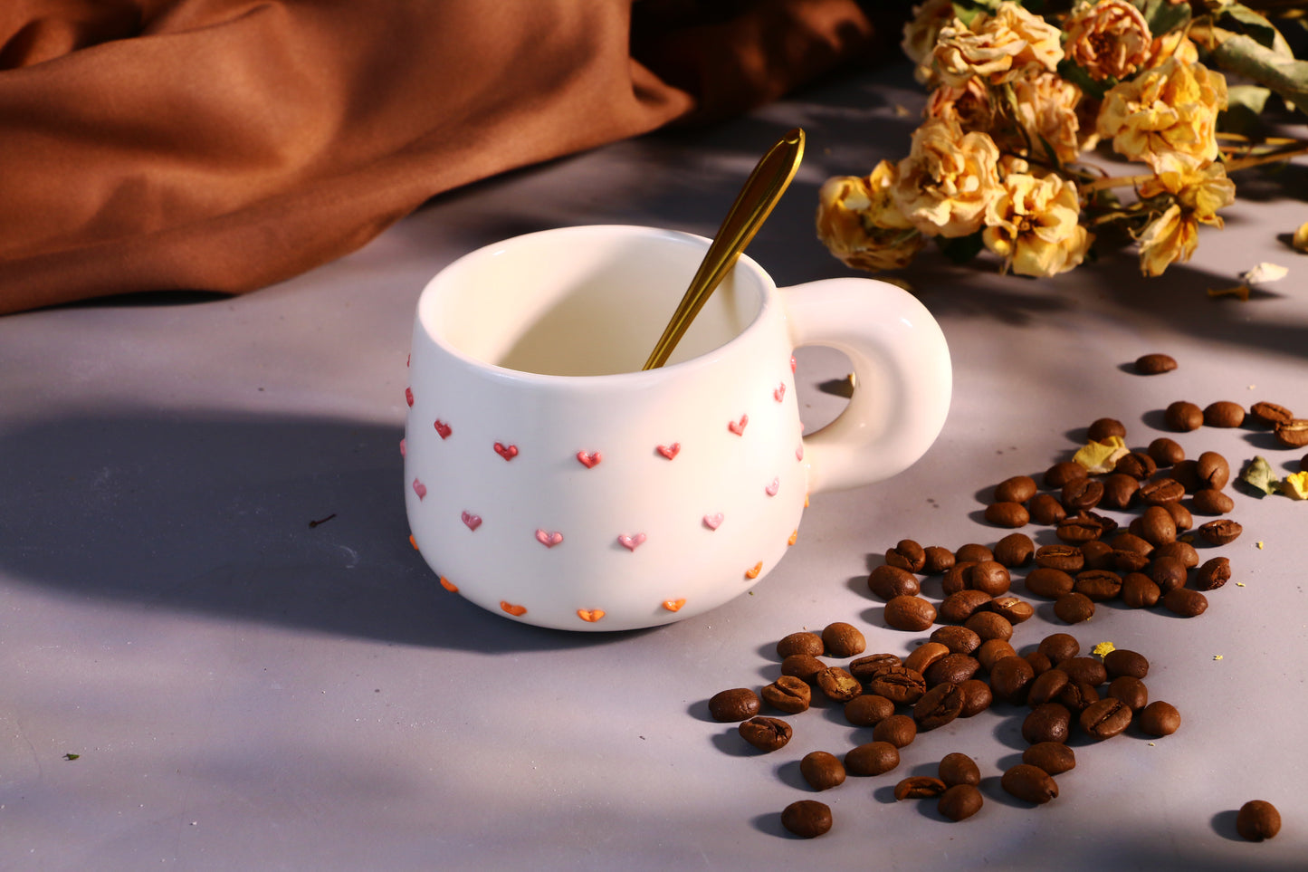 Handmade 3D Heart Mug โ Cute Ceramic Coffee Cup with Raised Heart Details