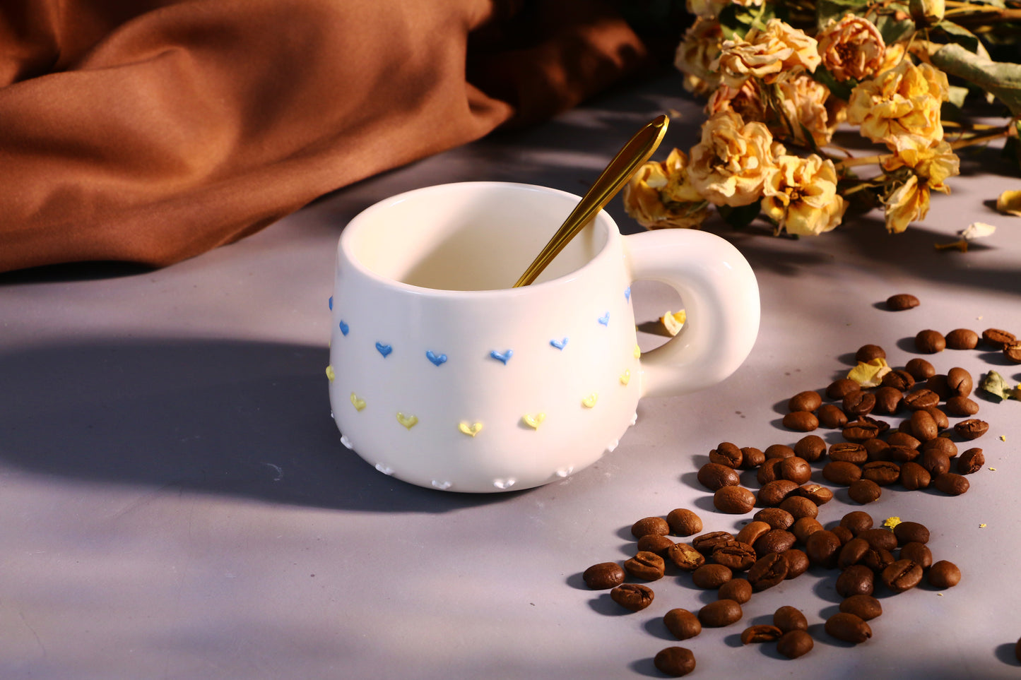 Handmade 3D Heart Mug โ Cute Ceramic Coffee Cup with Raised Heart Details
