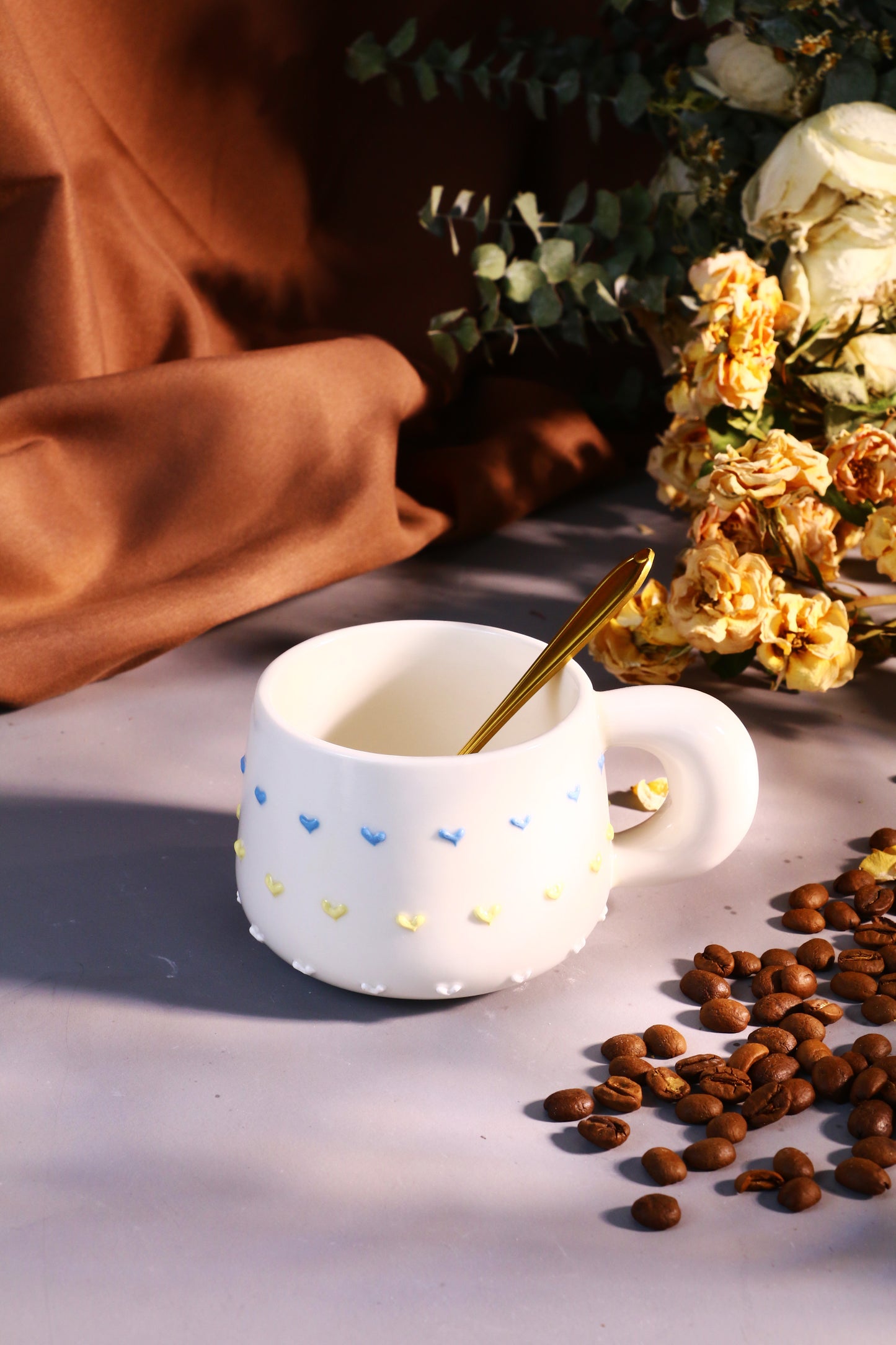 Handmade 3D Heart Mug โ Cute Ceramic Coffee Cup with Raised Heart Details