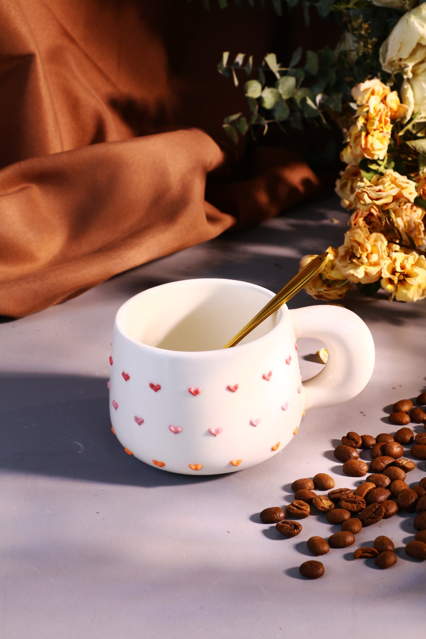 Handmade 3D Heart Mug โ Cute Ceramic Coffee Cup with Raised Heart Details
