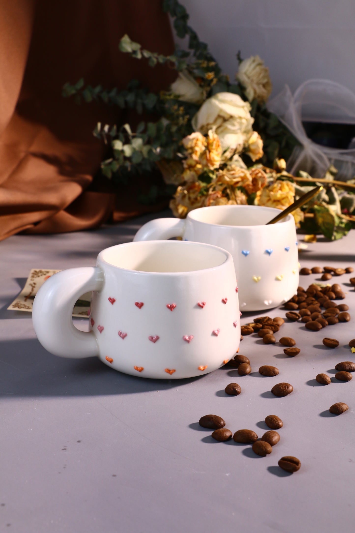 Handmade 3D Heart Mug โ Cute Ceramic Coffee Cup with Raised Heart Details