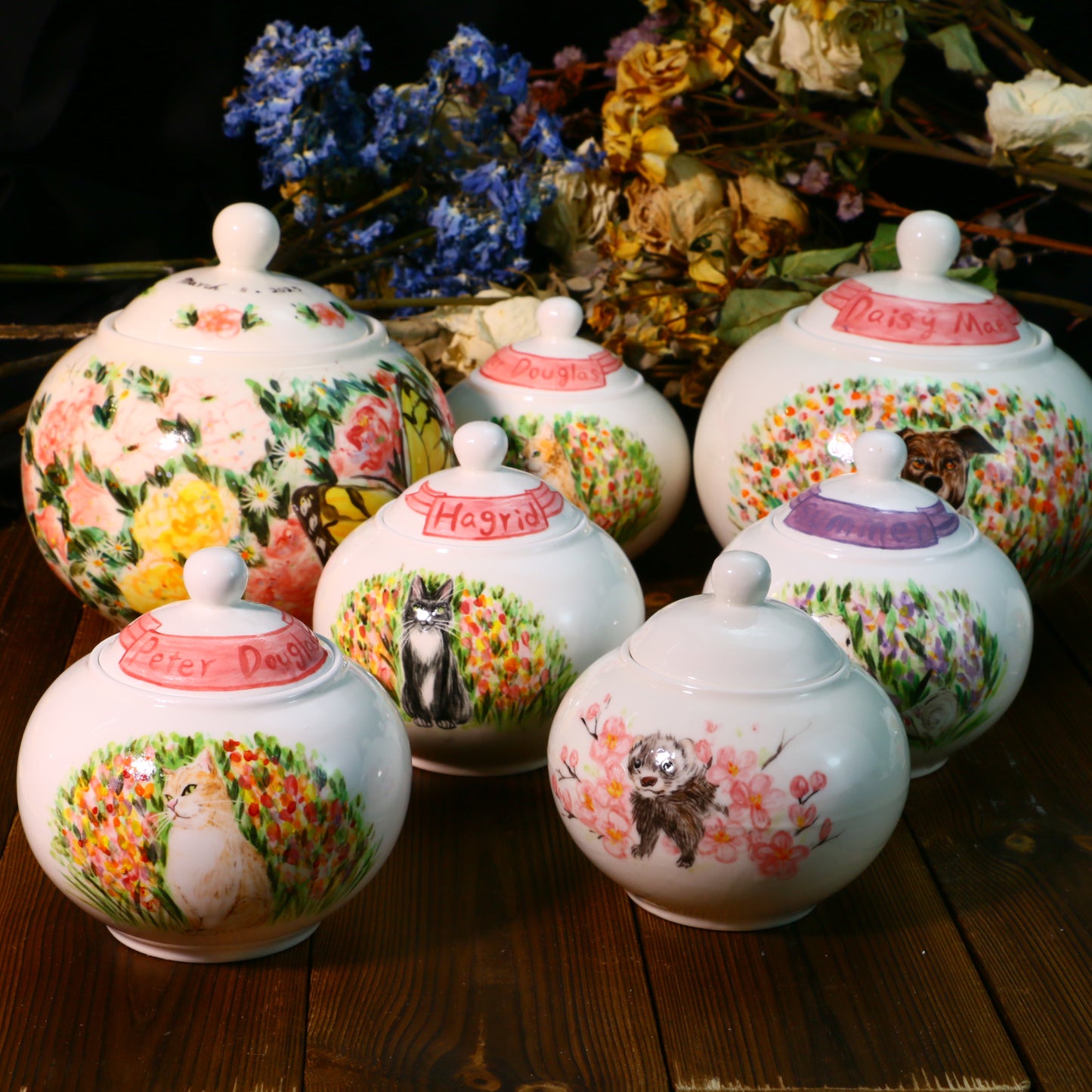 Custom Pet Ceramic Urn, Personalized Hand-Painted Pet Portrait Urn for Memorial & Keepsake