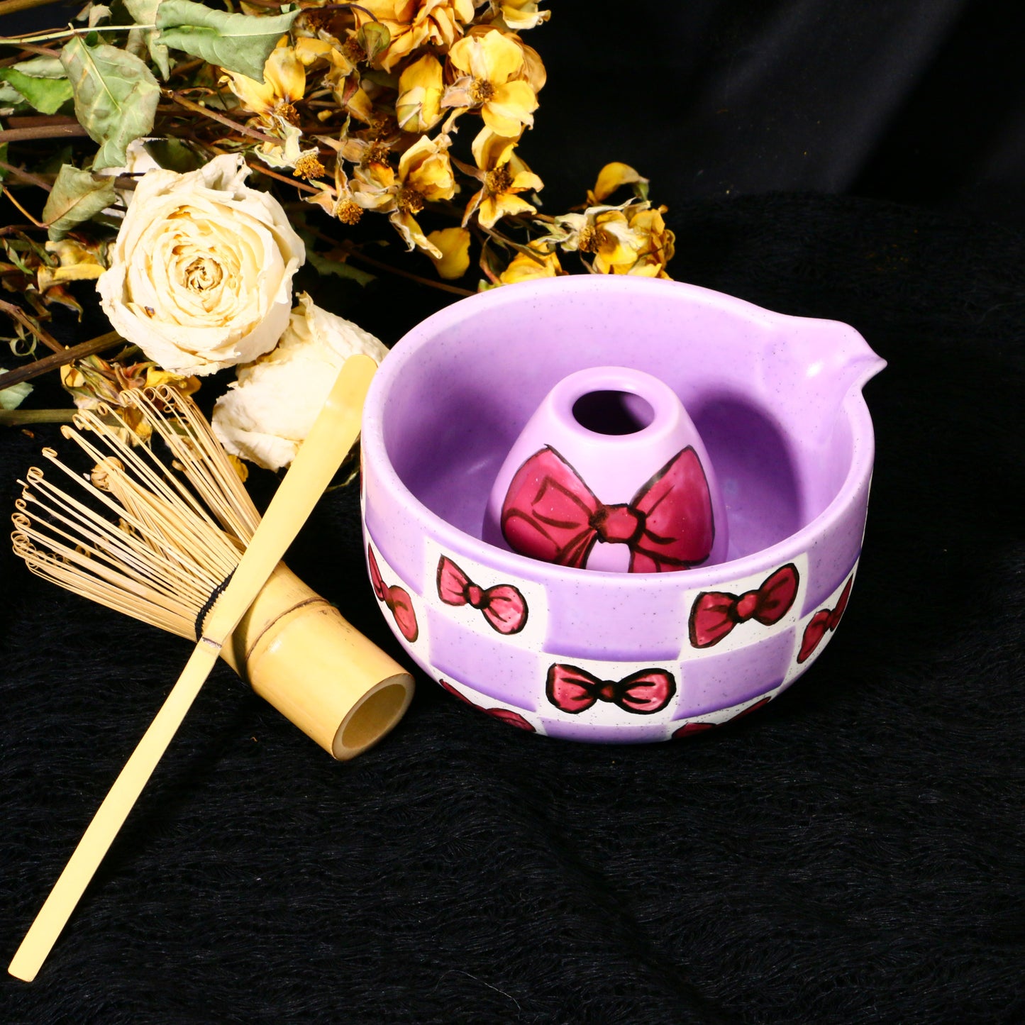 Ceramic Matcha Bowl Set with Colorful Bow Tie Design, Kawaii Ceremony Gift for Tea Lovers