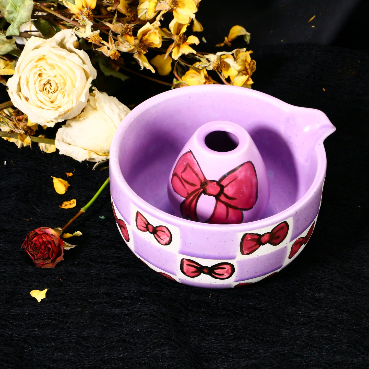Ceramic Matcha Bowl Set with Colorful Bow Tie Design, Kawaii Ceremony Gift for Tea Lovers