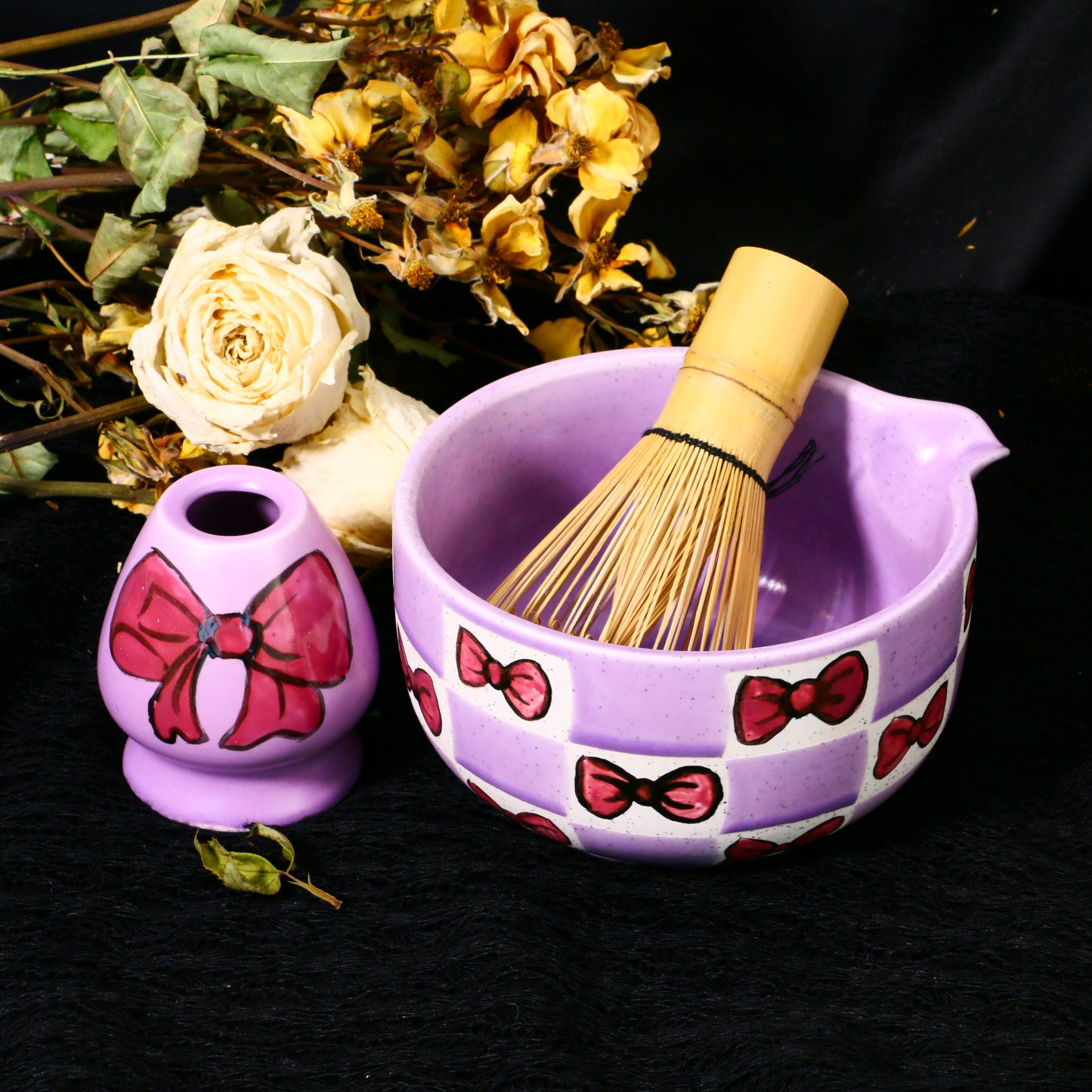 Ceramic Matcha Bowl Set with Colorful Bow Tie Design, Kawaii Ceremony Gift for Tea Lovers