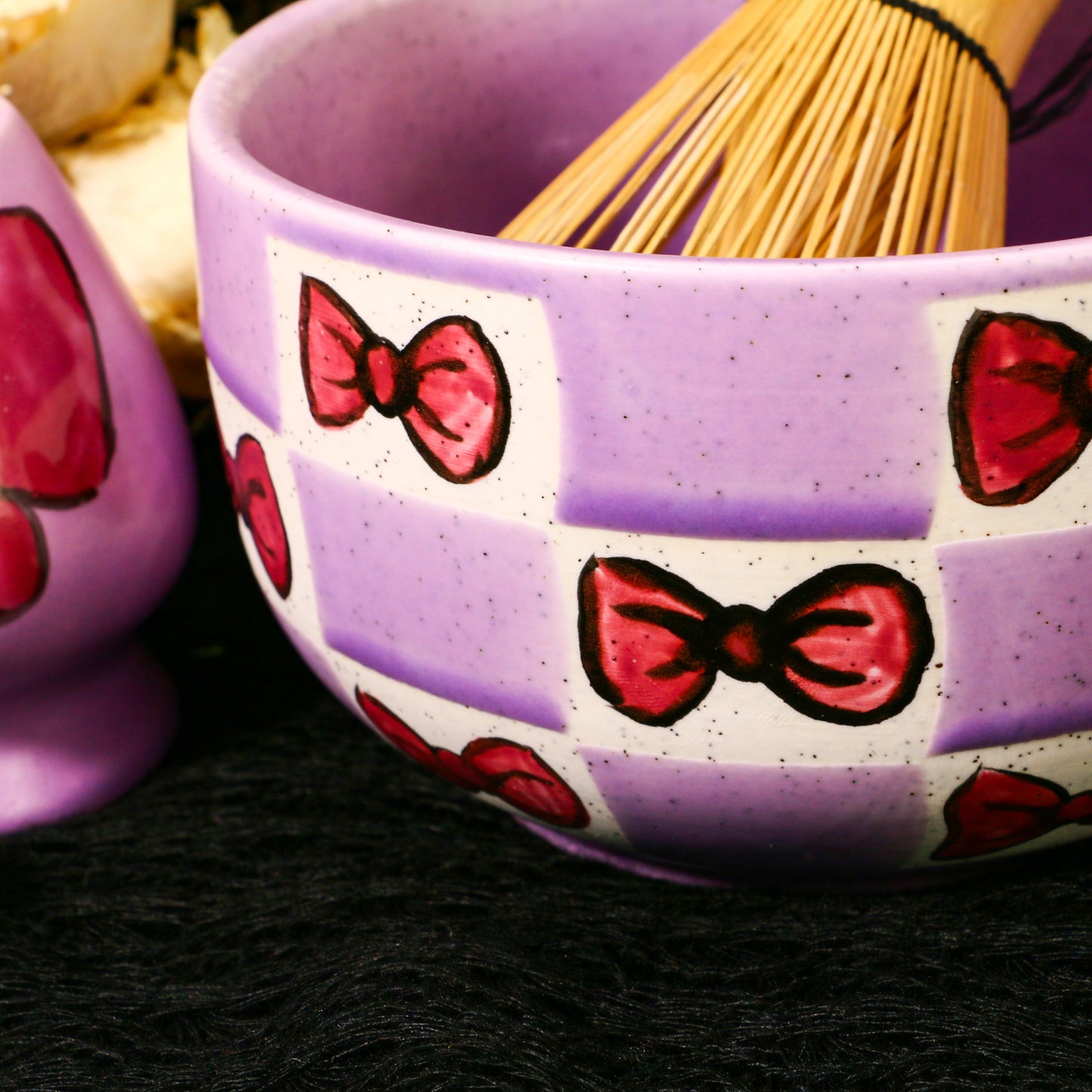Ceramic Matcha Bowl Set with Colorful Bow Tie Design, Kawaii Ceremony Gift for Tea Lovers