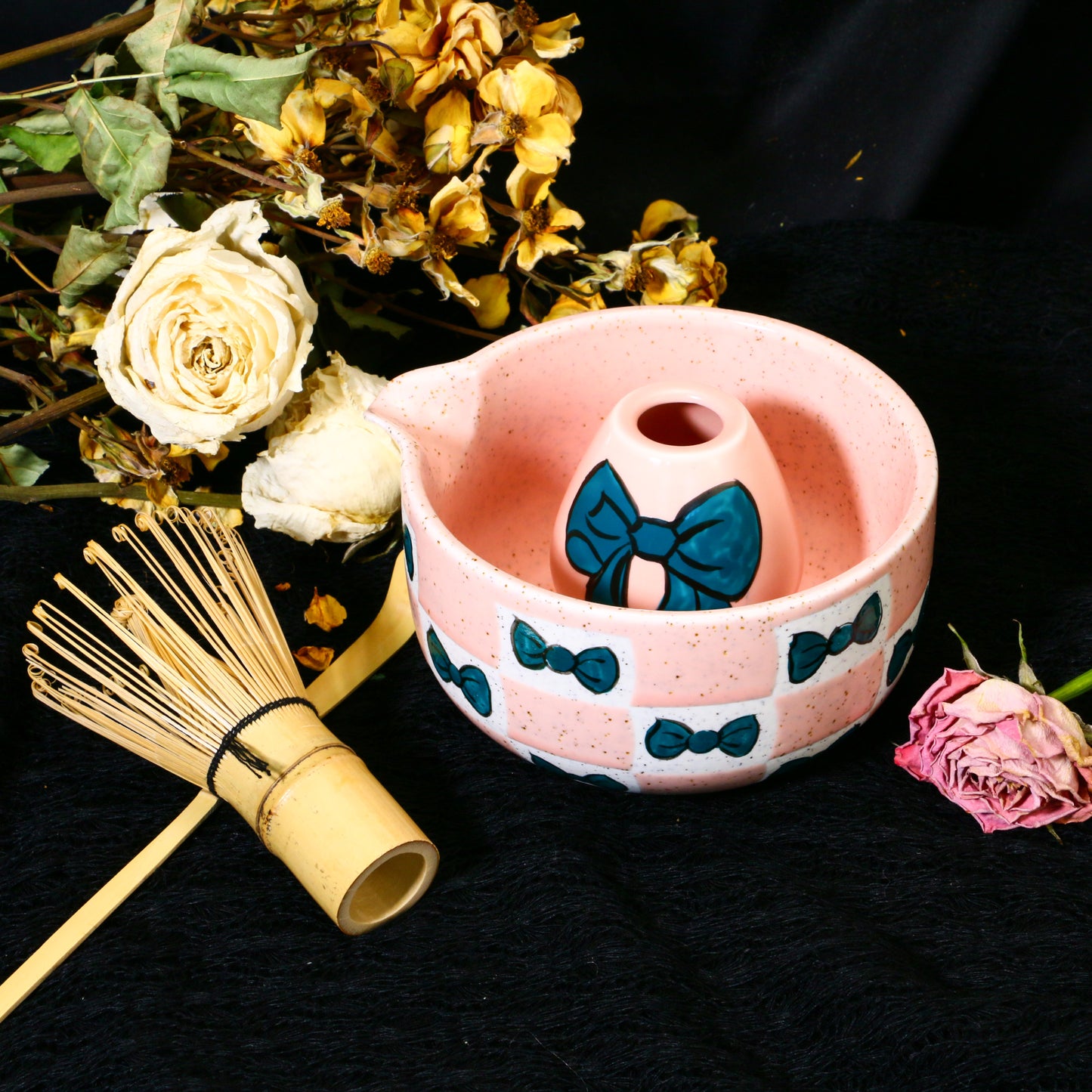 Ceramic Matcha Bowl Set with Colorful Bow Tie Design, Kawaii Ceremony Gift for Tea Lovers