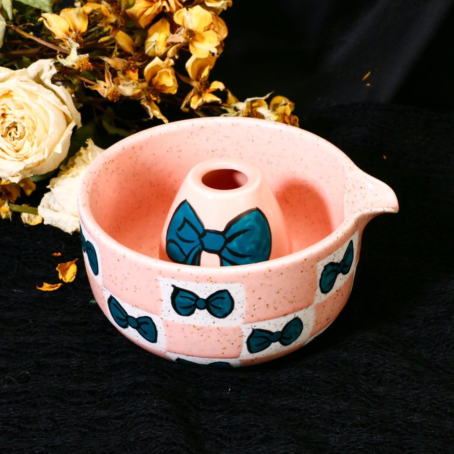 Ceramic Matcha Bowl Set with Colorful Bow Tie Design, Kawaii Ceremony Gift for Tea Lovers