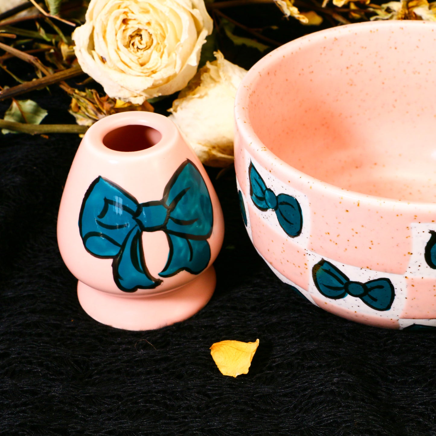 Ceramic Matcha Bowl Set with Colorful Bow Tie Design, Kawaii Ceremony Gift for Tea Lovers