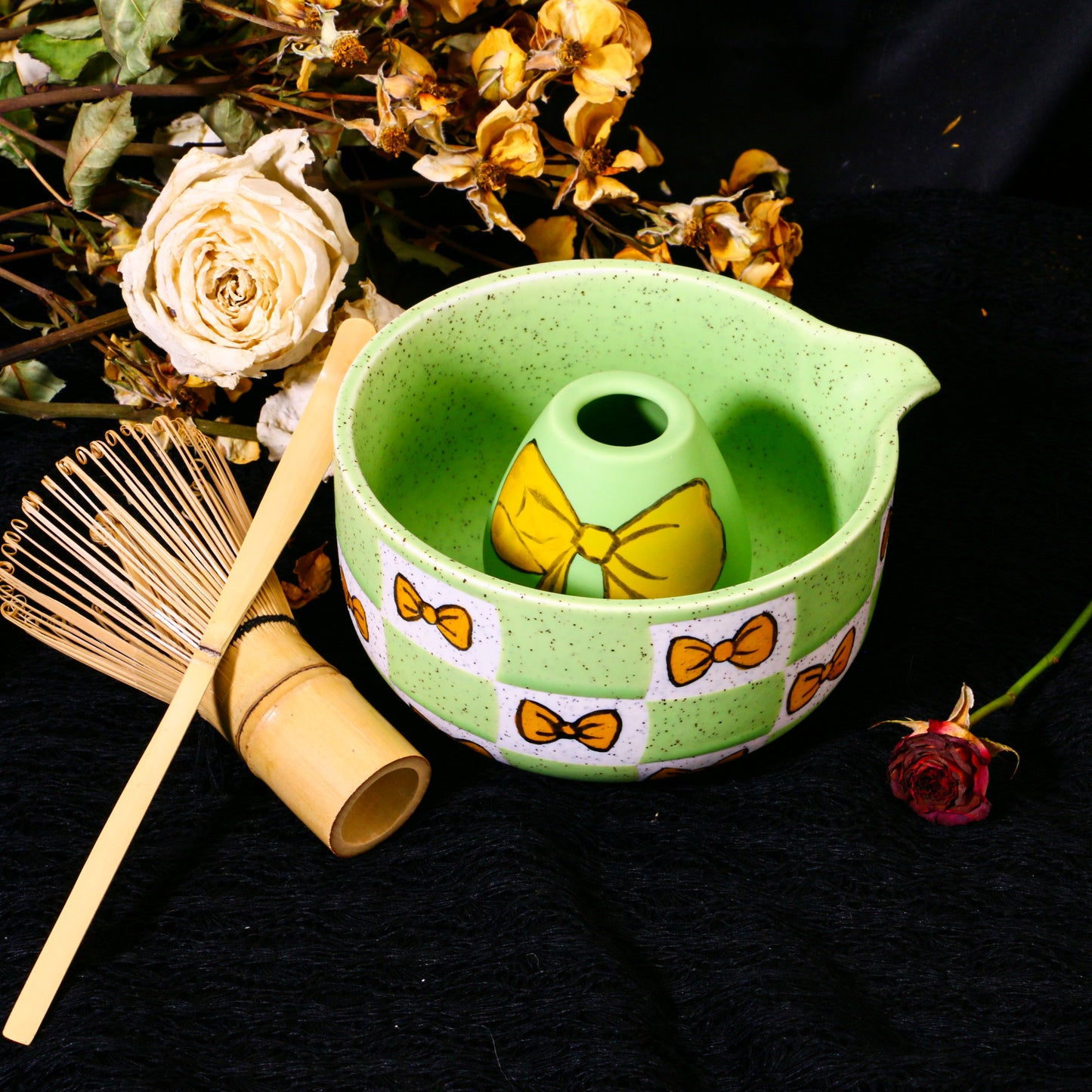 Ceramic Matcha Bowl Set with Colorful Bow Tie Design, Kawaii Ceremony Gift for Tea Lovers