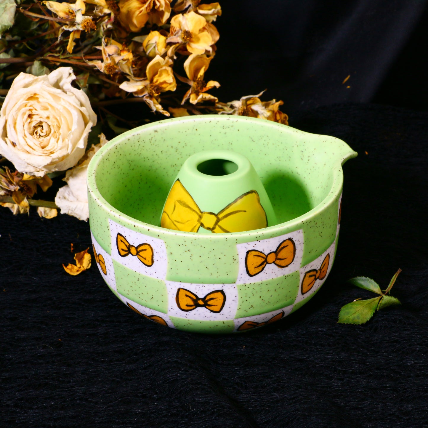 Ceramic Matcha Bowl Set with Colorful Bow Tie Design, Kawaii Ceremony Gift for Tea Lovers