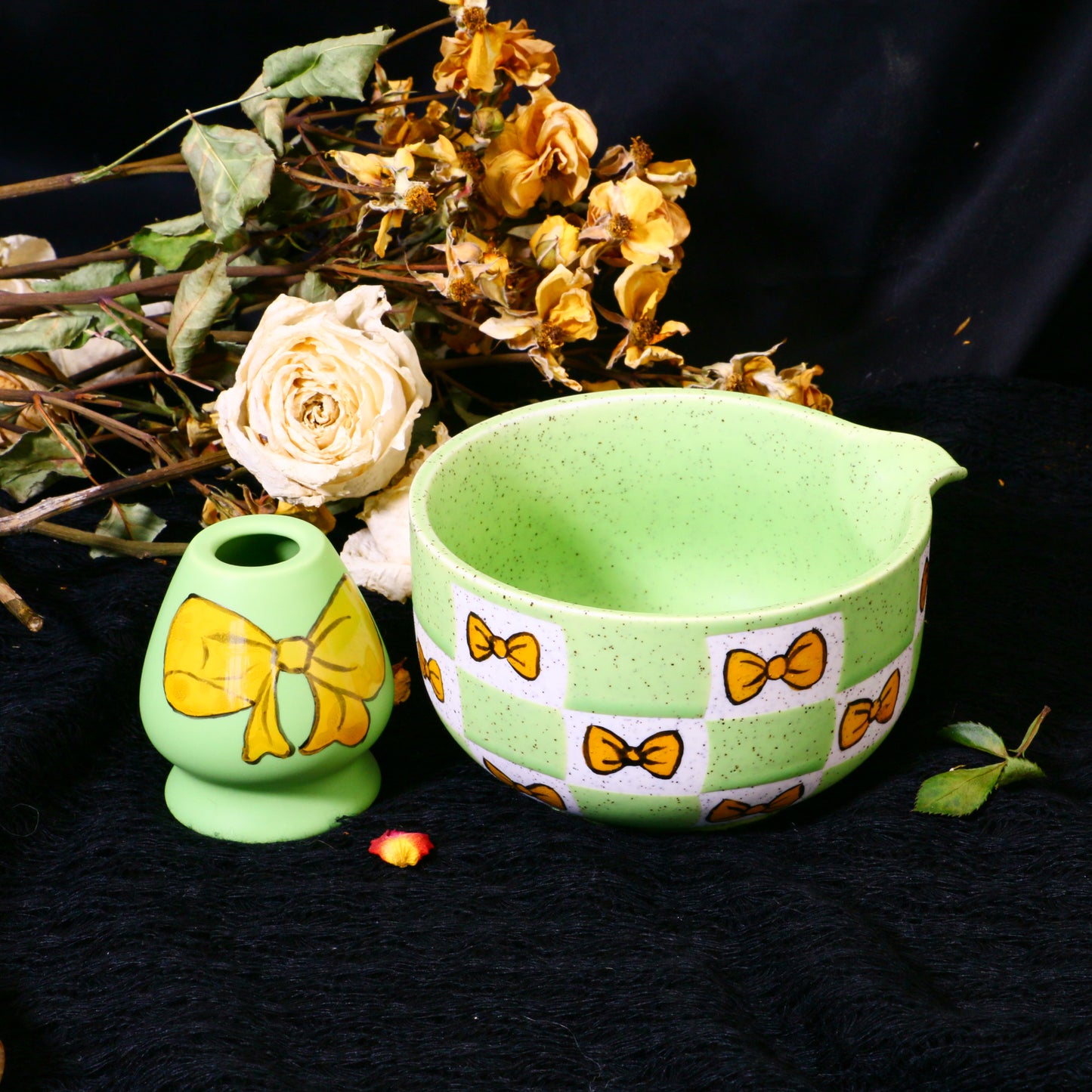 Ceramic Matcha Bowl Set with Colorful Bow Tie Design, Kawaii Ceremony Gift for Tea Lovers