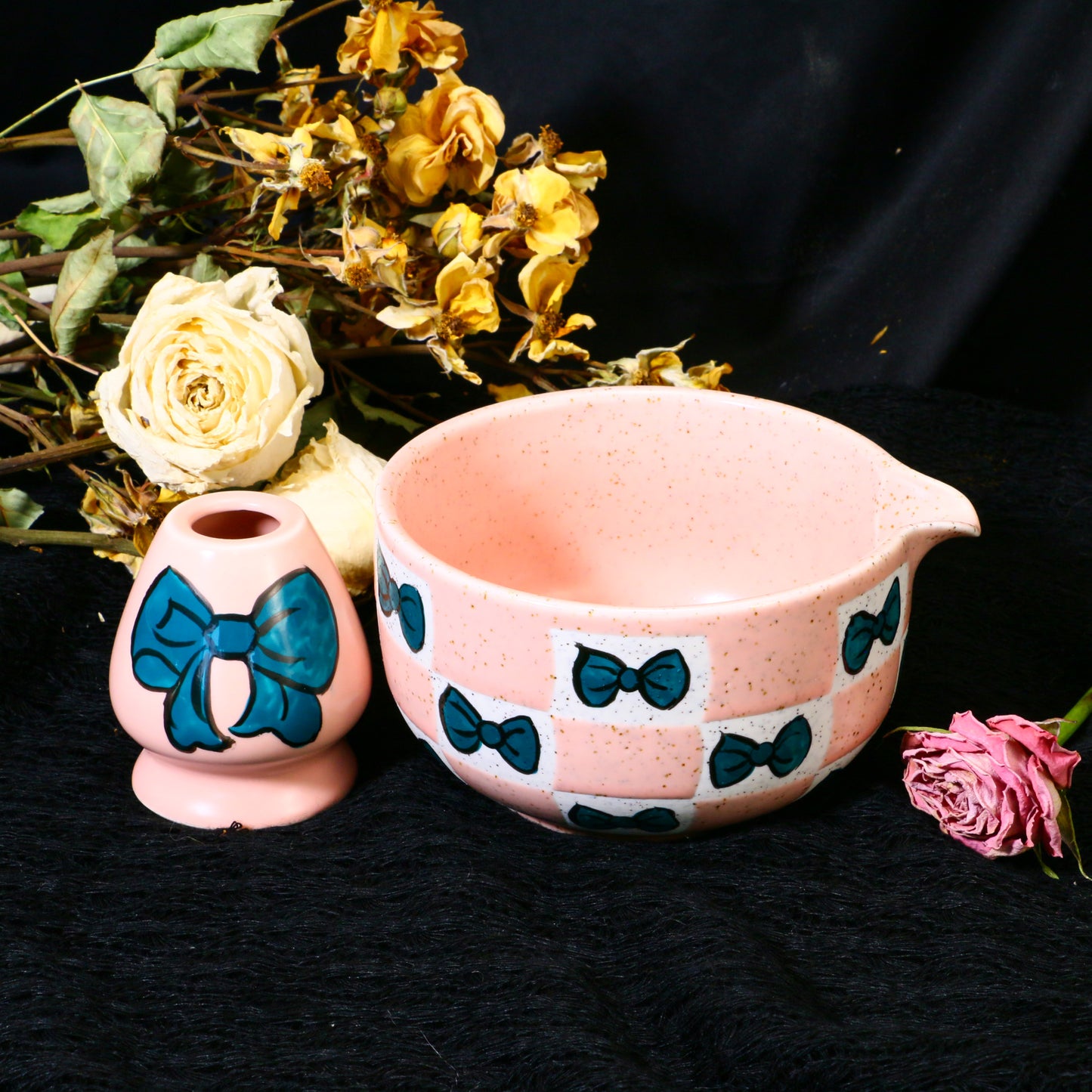 Ceramic Matcha Bowl Set with Colorful Bow Tie Design, Kawaii Ceremony Gift for Tea Lovers