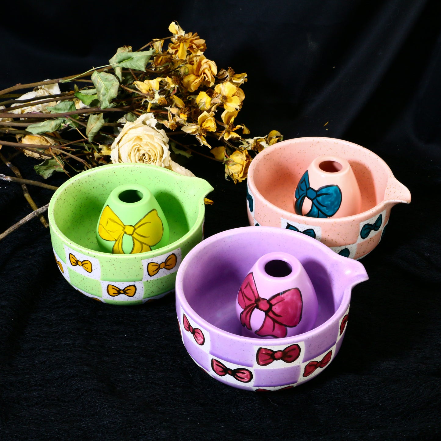 Ceramic Matcha Bowl Set with Colorful Bow Tie Design, Kawaii Ceremony Gift for Tea Lovers