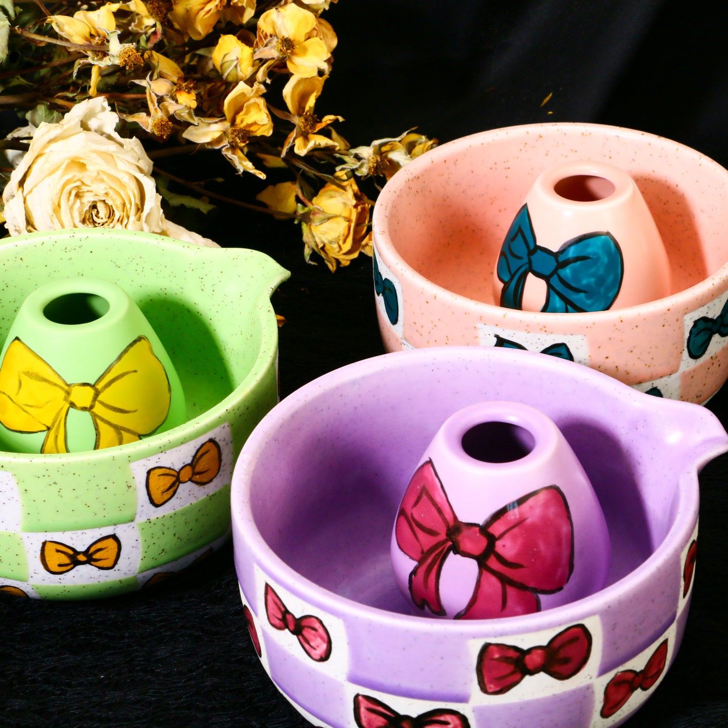 Ceramic Matcha Bowl Set with Colorful Bow Tie Design, Kawaii Ceremony Gift for Tea Lovers