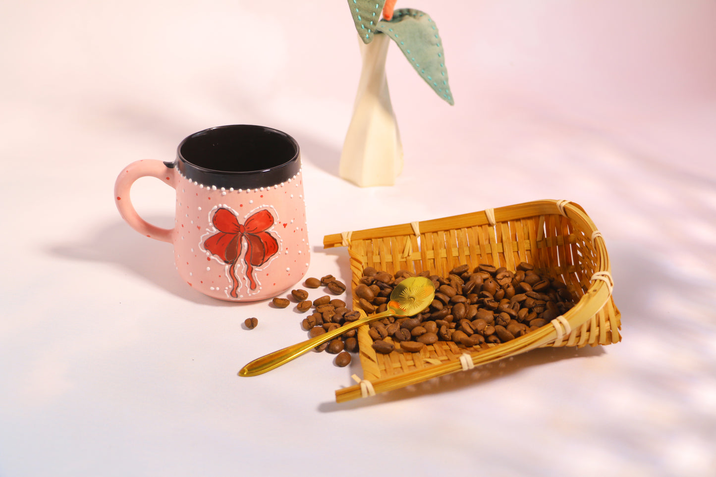Kawaii 3D Bow Ceramic Coffee Mug with Hand-Painted 3D Ribbon Design