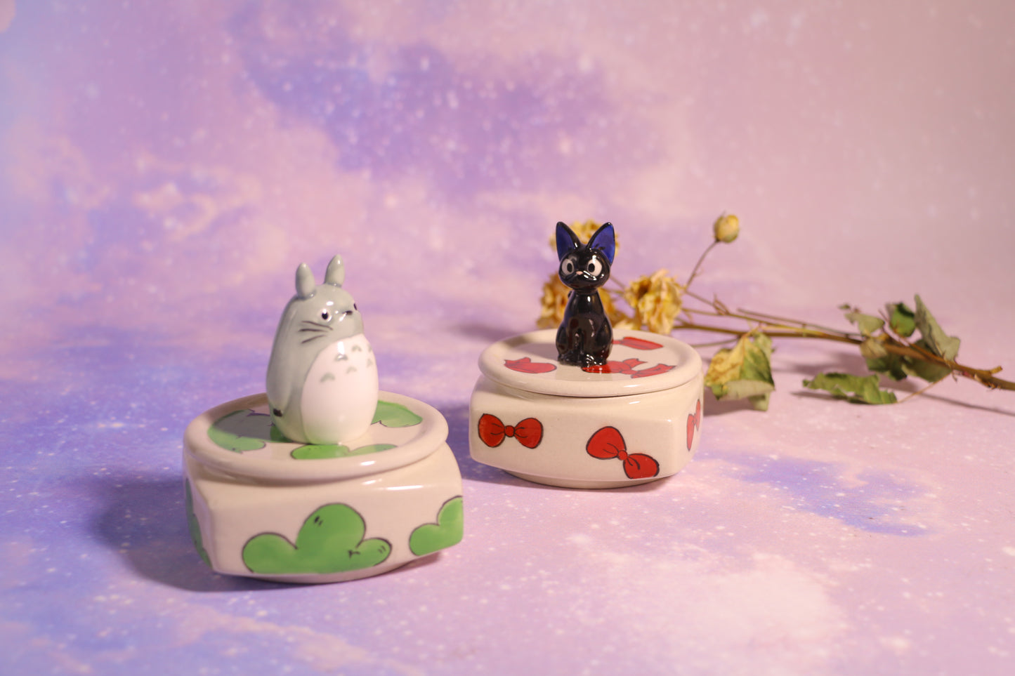 Handmade Totoro&Jiji Ceramic Pet Urn, Custom Pottery Jewelry Box, Personalized Square Cremation Keepsake Urn