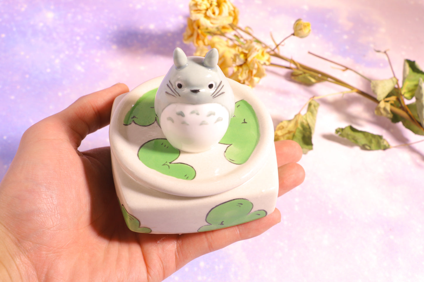 Handmade Totoro&Jiji Ceramic Pet Urn, Custom Pottery Jewelry Box, Personalized Square Cremation Keepsake Urn