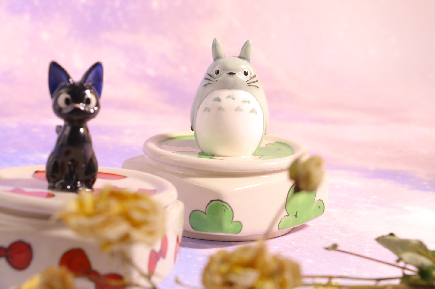 Handmade Totoro&Jiji Ceramic Pet Urn, Custom Pottery Jewelry Box, Personalized Square Cremation Keepsake Urn
