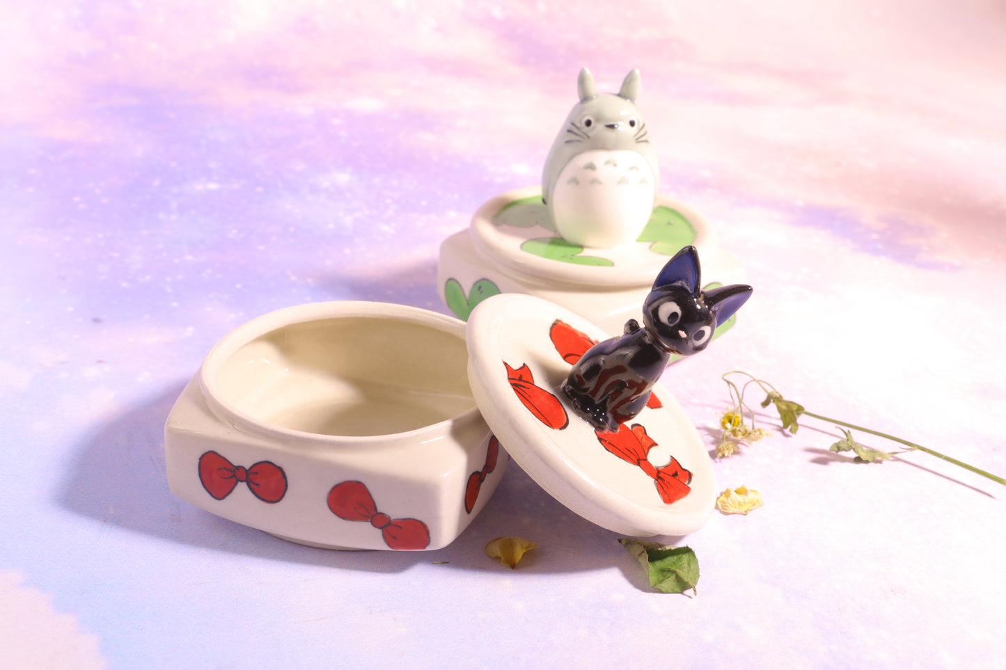 Handmade Totoro&Jiji Ceramic Pet Urn, Custom Pottery Jewelry Box, Personalized Square Cremation Keepsake Urn