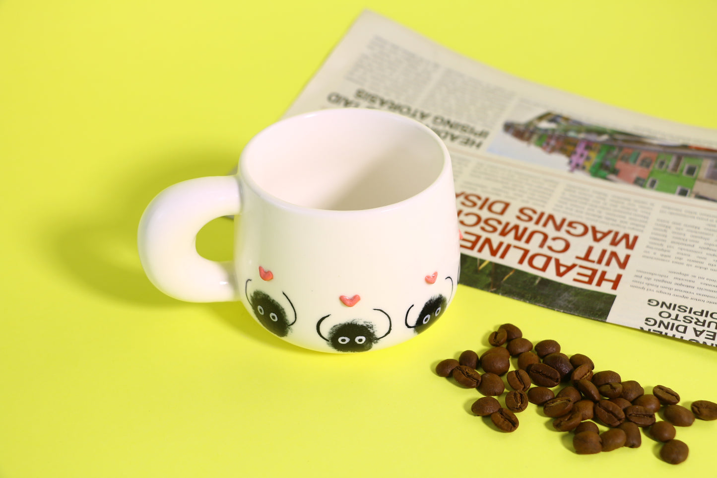 Hand-Painted Dust Wizard Coffee Cup With 3D Heart Accents, Cute Ceramic Coffee Mug