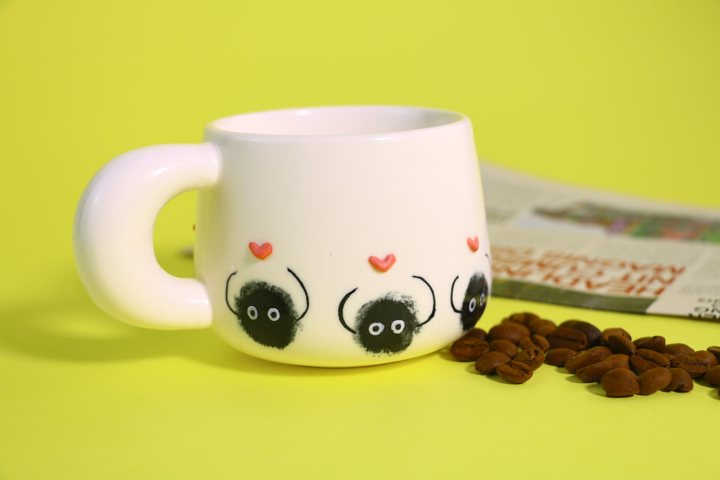 Hand-Painted Dust Wizard Coffee Cup With 3D Heart Accents, Cute Ceramic Coffee Mug