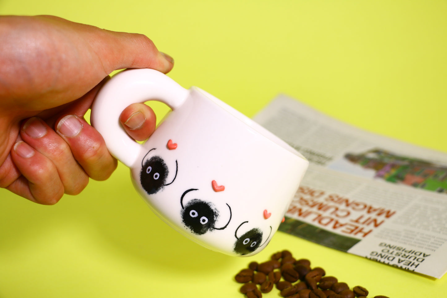 Hand-Painted Dust Wizard Coffee Cup With 3D Heart Accents, Cute Ceramic Coffee Mug