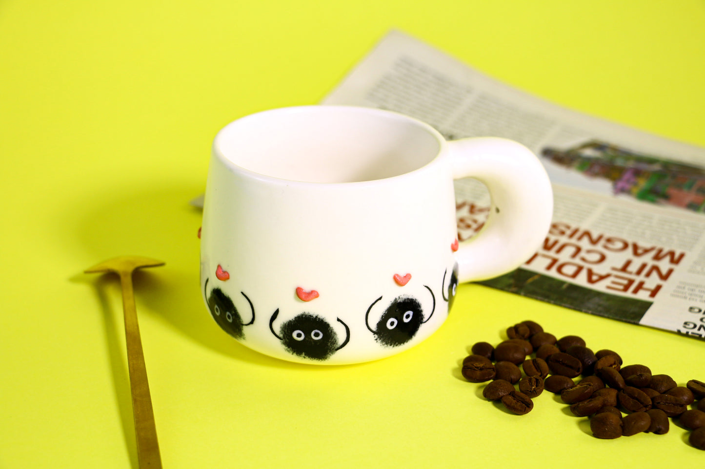 Hand-Painted Dust Wizard Coffee Cup With 3D Heart Accents, Cute Ceramic Coffee Mug