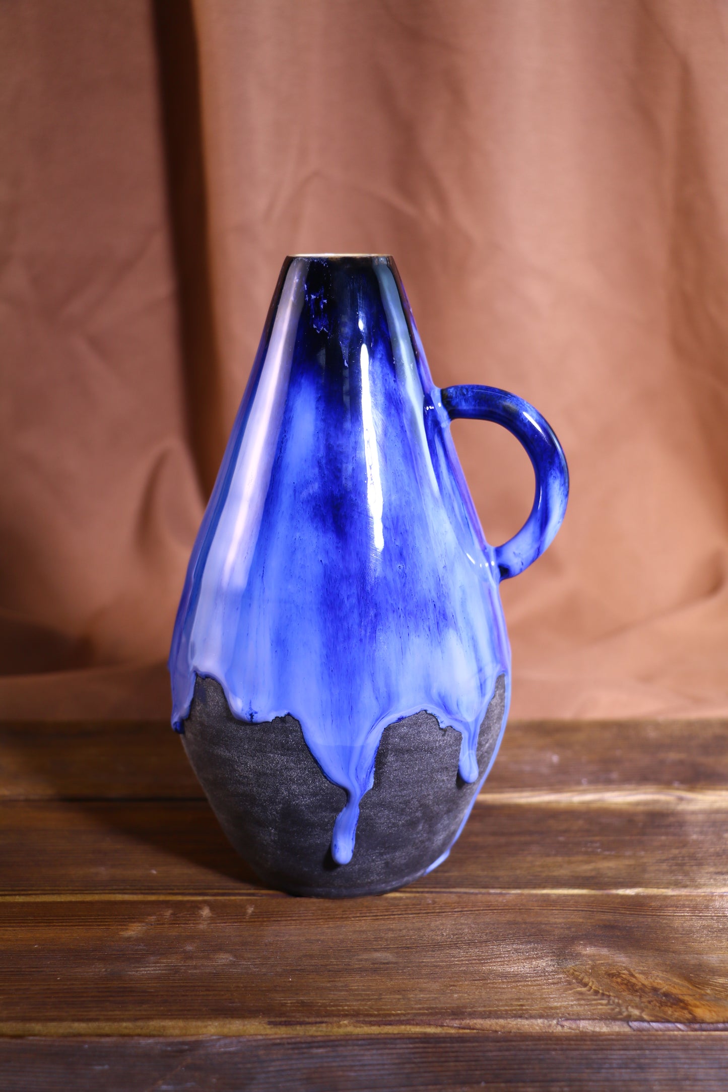 Handmade Blue Glaze Drip Ceramic Vase, Unique Artisan Pottery Home Decor