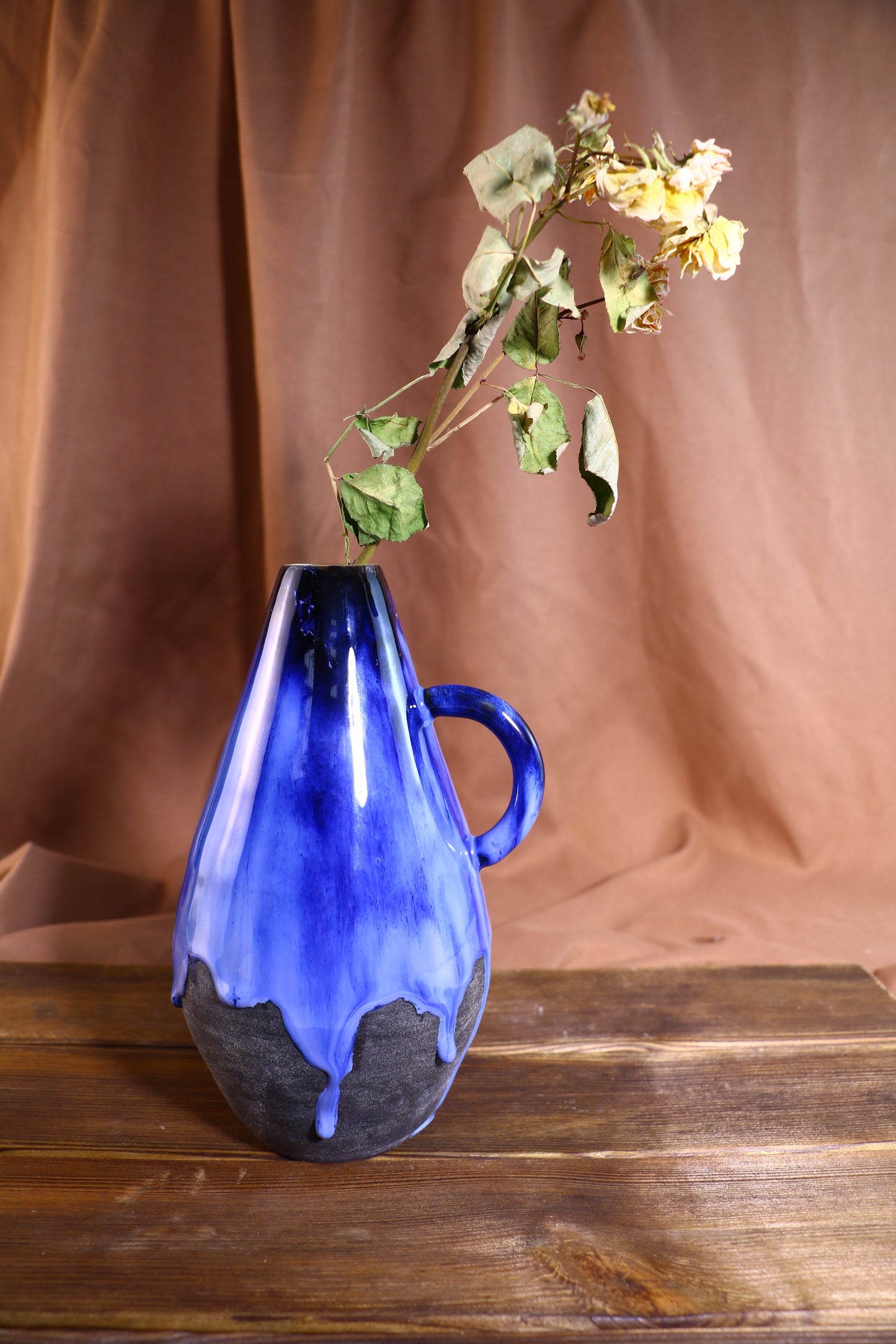 Handmade Blue Glaze Drip Ceramic Vase, Unique Artisan Pottery Home Decor