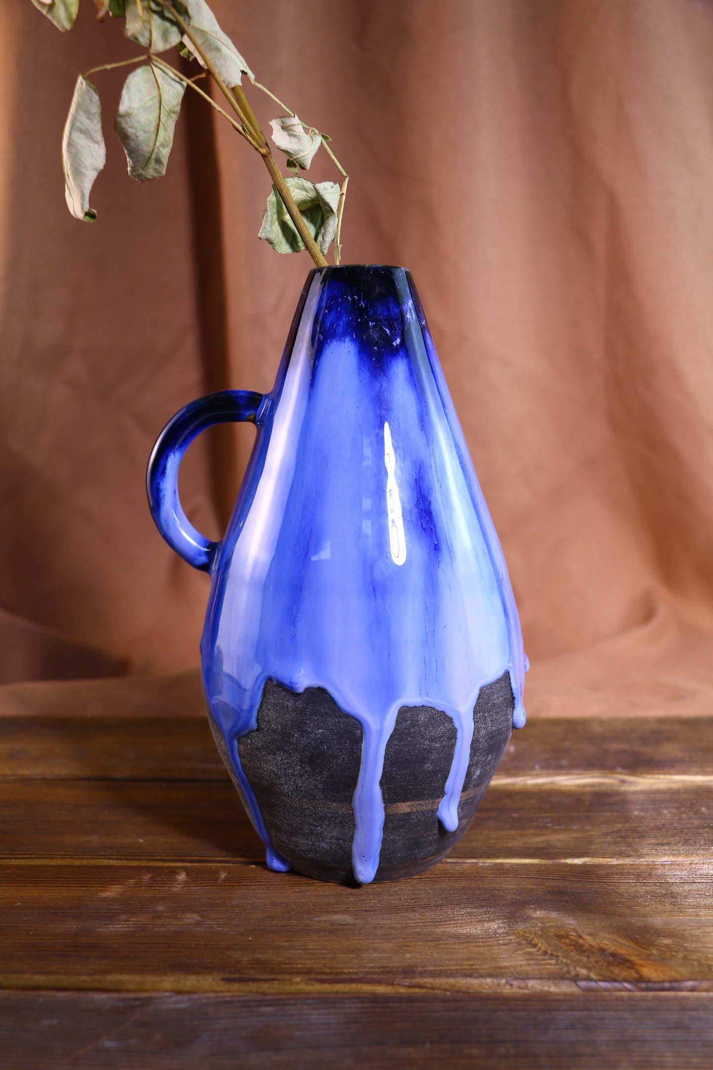 Handmade Blue Glaze Drip Ceramic Vase, Unique Artisan Pottery Home Decor