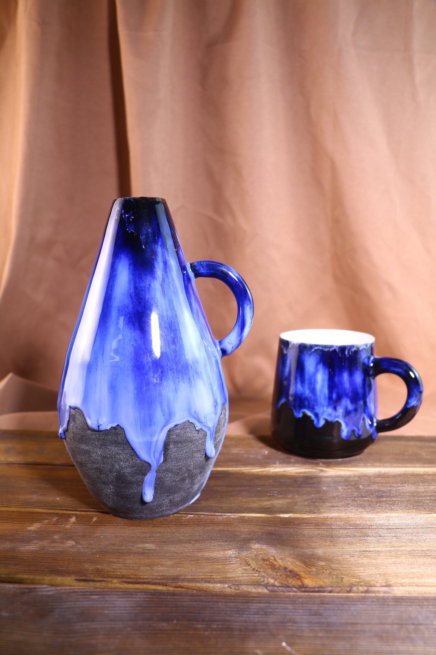 Handmade Blue Glaze Drip Ceramic Vase, Unique Artisan Pottery Home Decor
