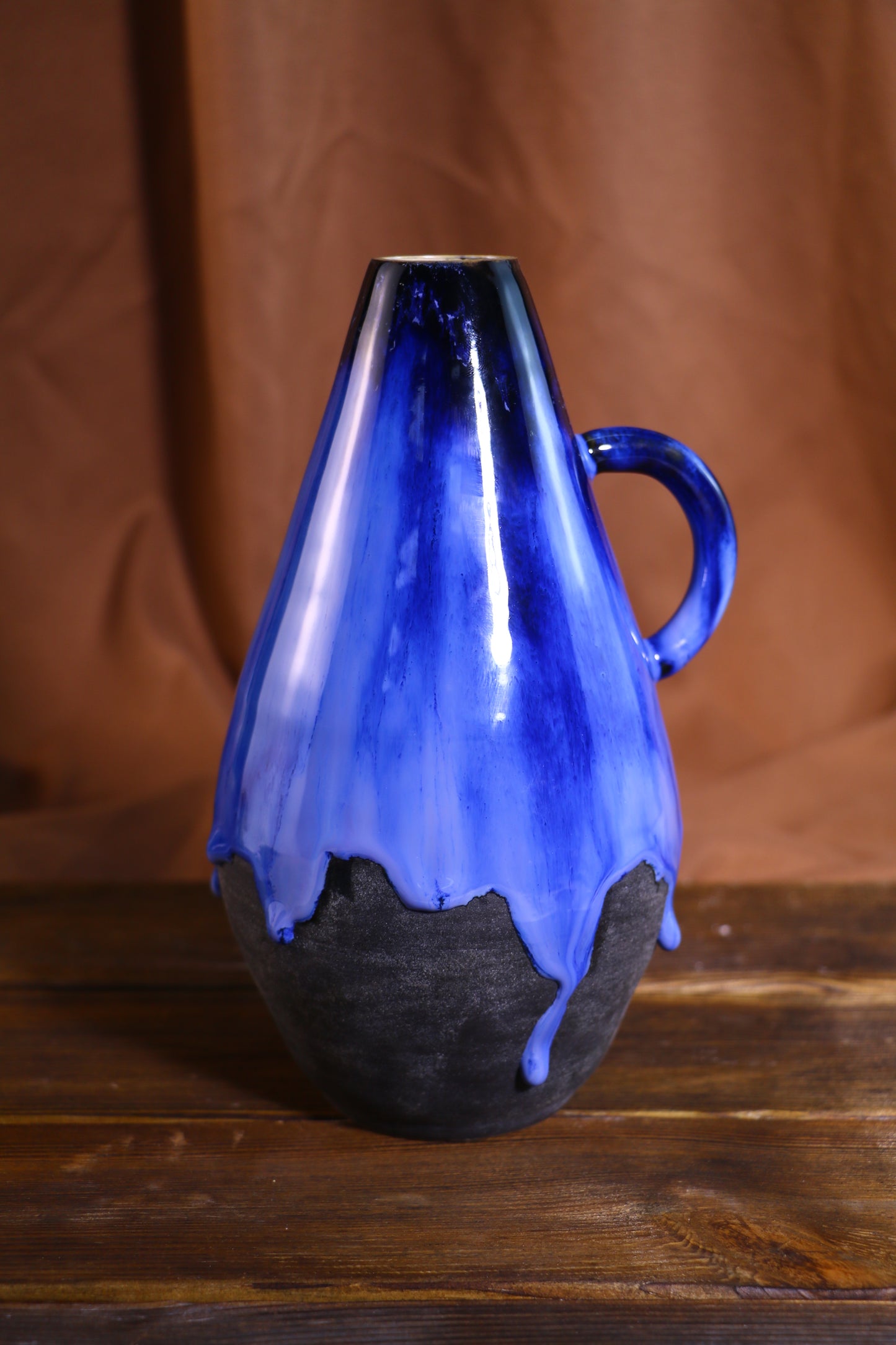 Handmade Blue Glaze Drip Ceramic Vase, Unique Artisan Pottery Home Decor