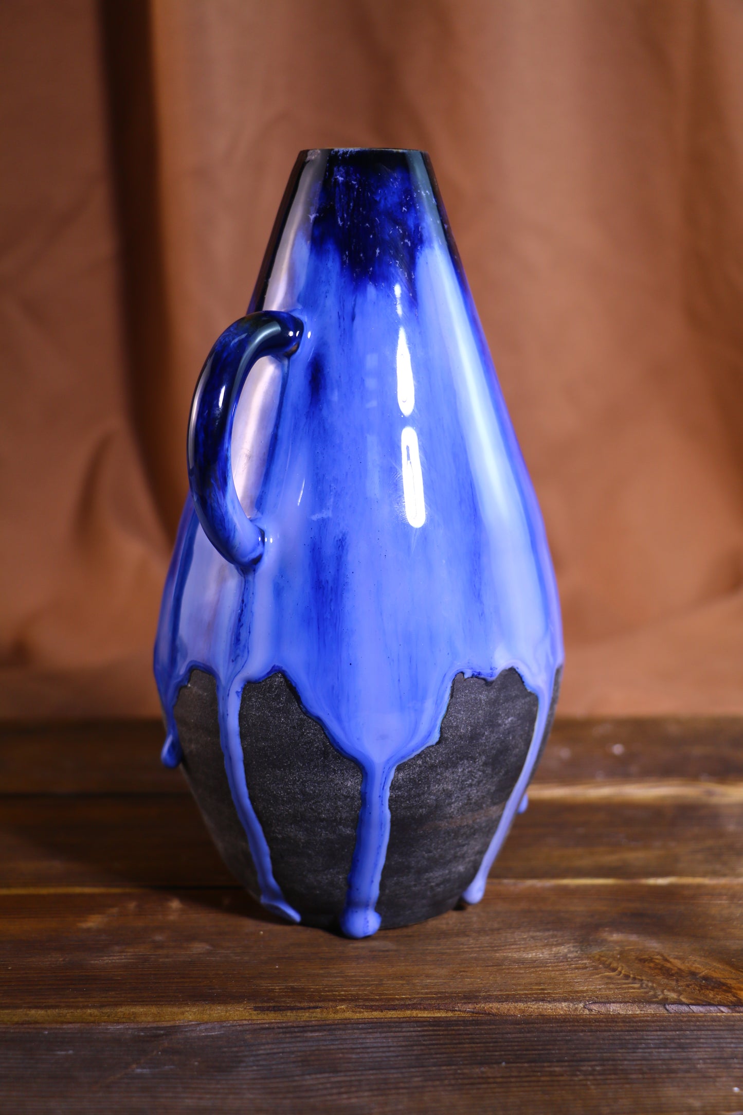 Handmade Blue Glaze Drip Ceramic Vase, Unique Artisan Pottery Home Decor